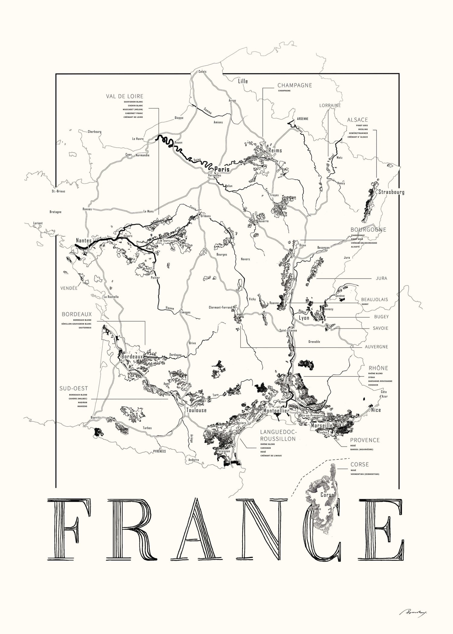 France Wine map poster. Exclusive wine map posters. Premium quality wine maps printed on environmentally friendly FSC marked paper.