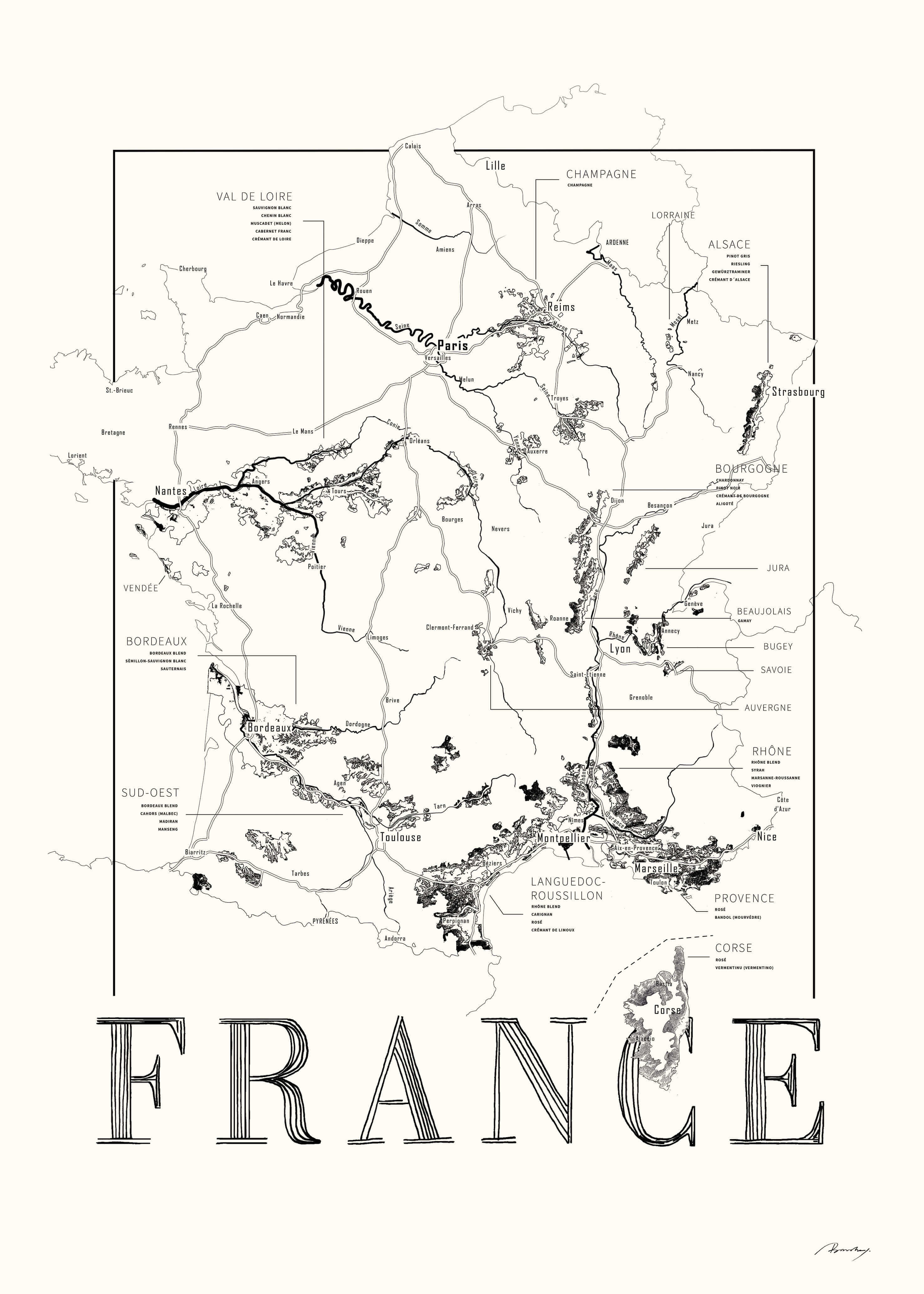 France Wine map poster. Exclusive wine map posters. Premium quality wine maps printed on environmentally friendly FSC marked paper.