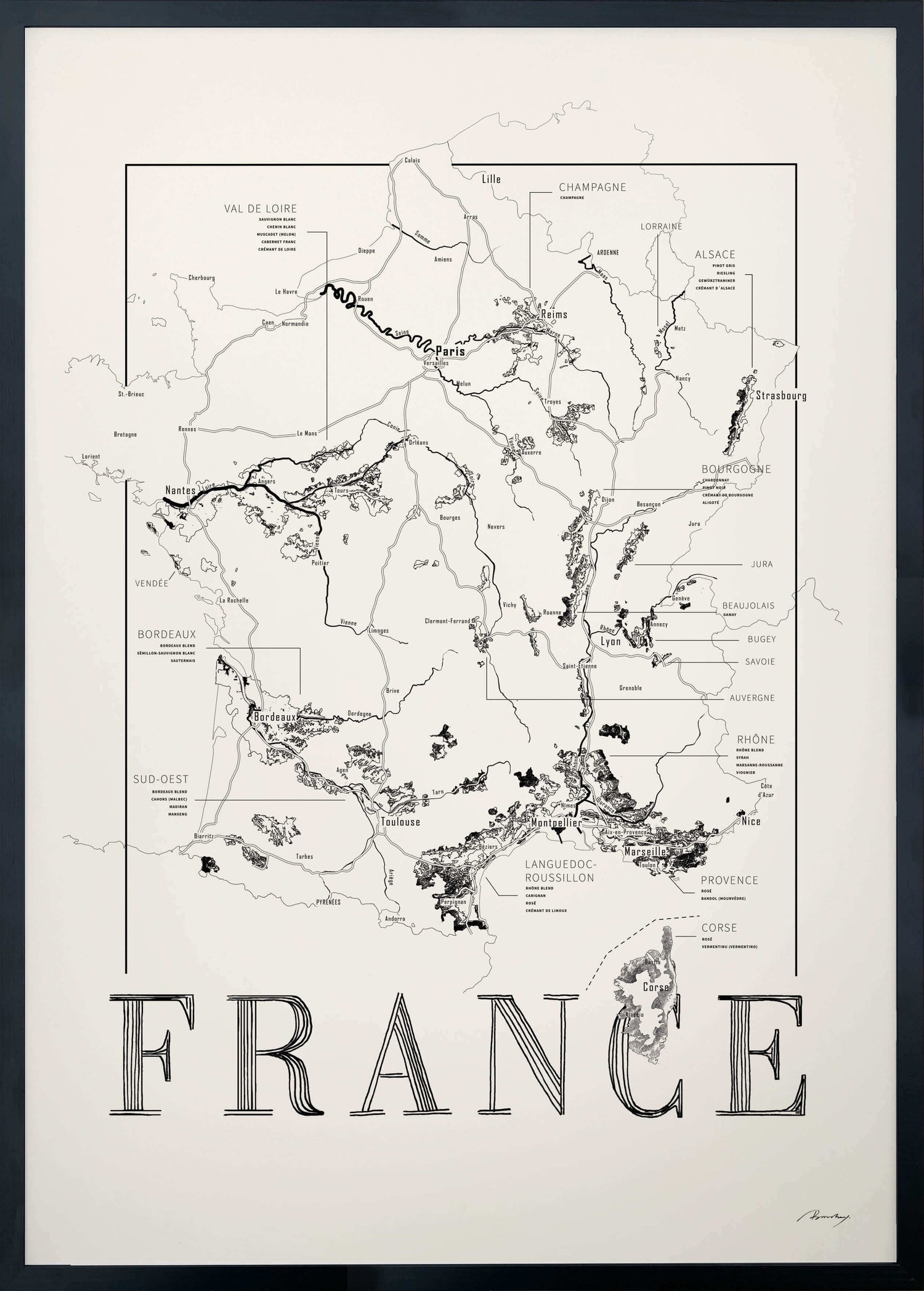 France Wine map poster. Exclusive wine map posters. Premium quality wine maps printed on environmentally friendly FSC marked paper.