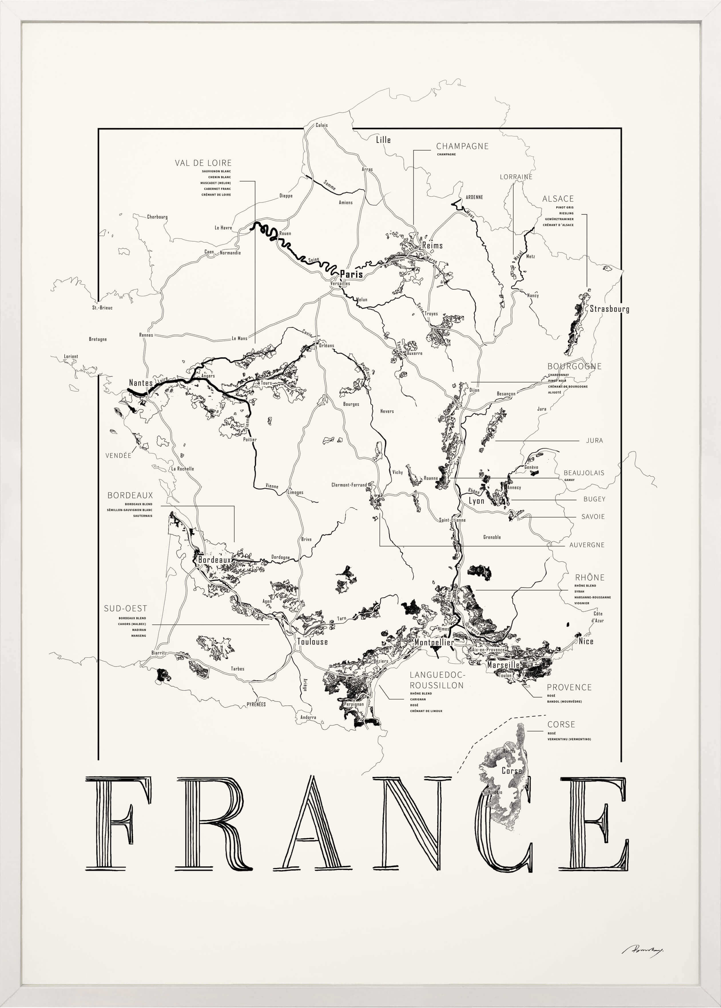 France Wine map poster. Exclusive wine map posters. Premium quality wine maps printed on environmentally friendly FSC marked paper.