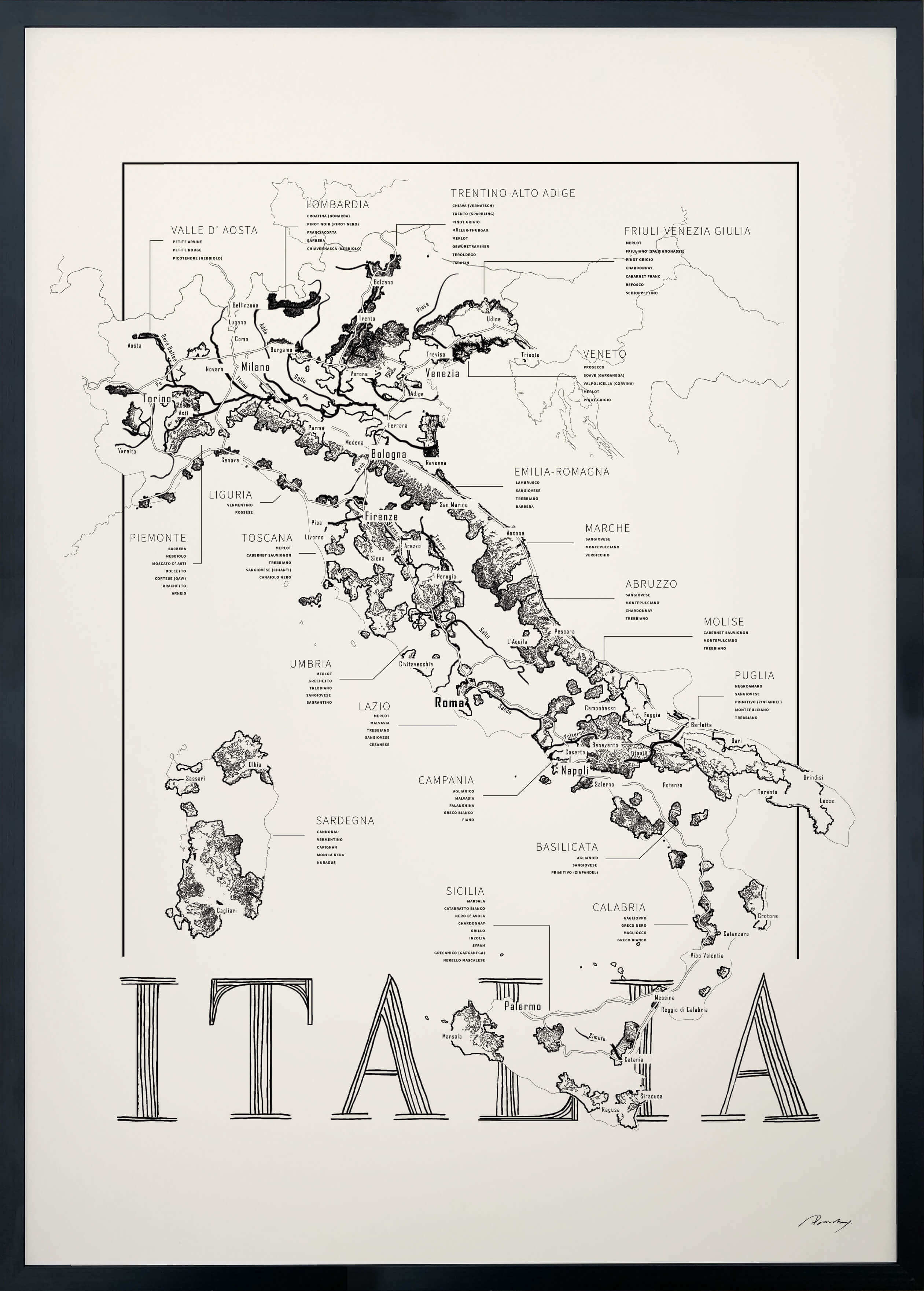 Italy Wine map poster. Wine art. Wine print. Wine poster. Exclusive wine map posters. Premium quality wine maps printed on environmentally friendly FSC marked paper.