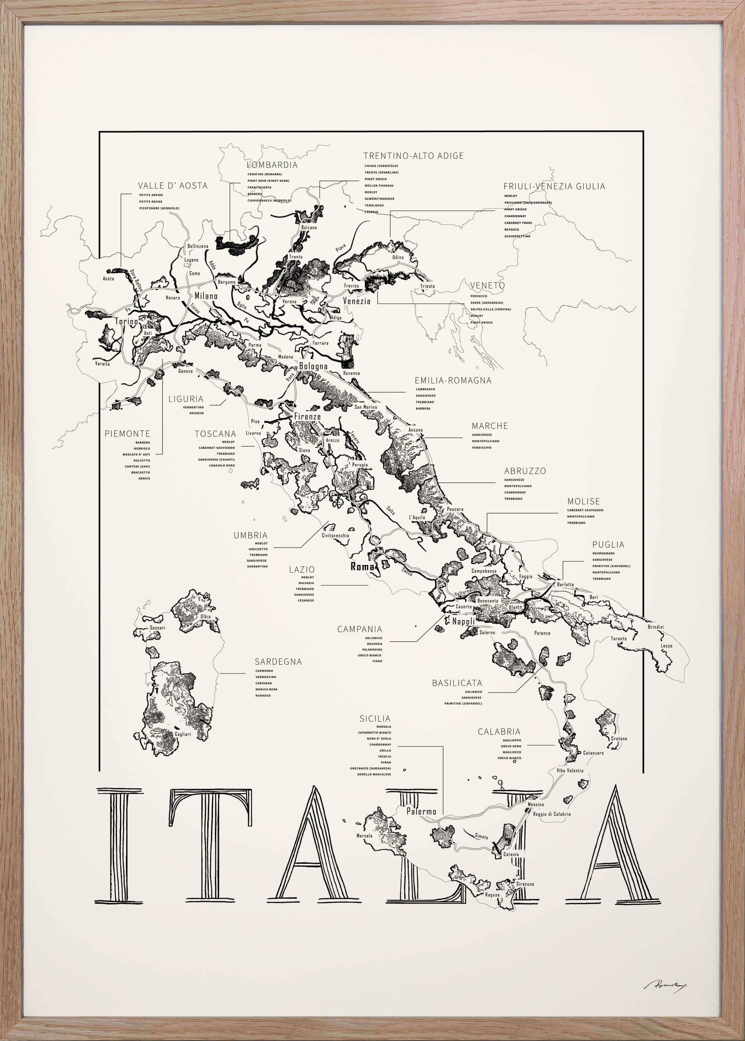 Italy Wine map poster. Wine art. Wine print. Wine poster. Exclusive wine map posters. Premium quality wine maps printed on environmentally friendly FSC marked paper.