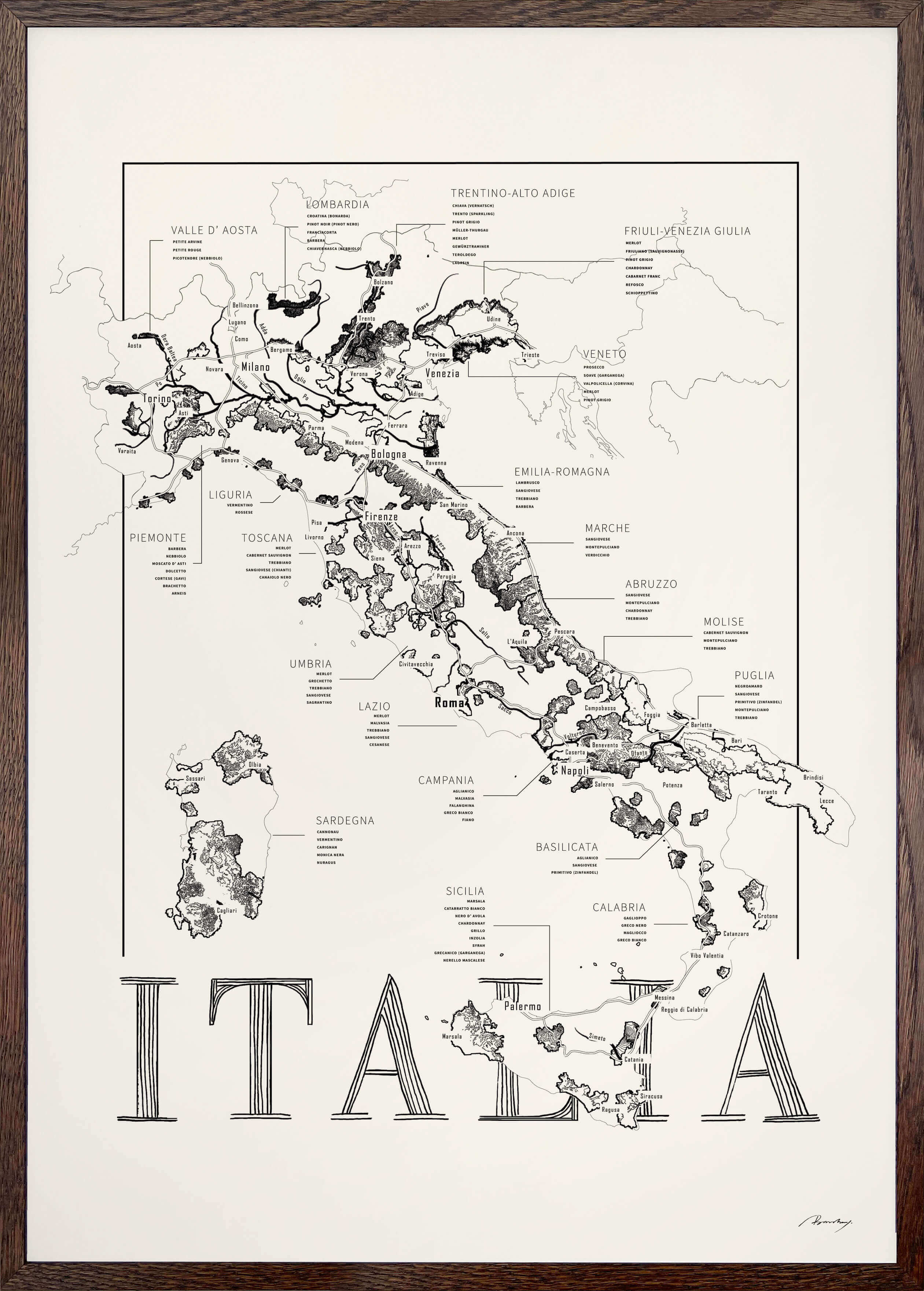 Italy Wine map poster. Wine art. Wine print. Wine poster. Exclusive wine map posters. Premium quality wine maps printed on environmentally friendly FSC marked paper.