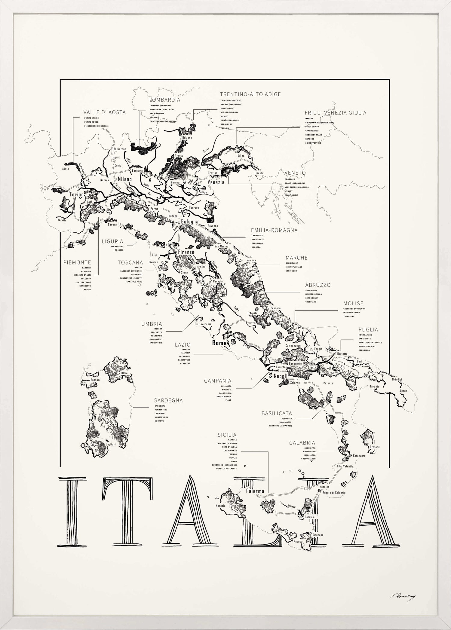 Italy Wine map poster. Exclusive wine map posters. Premium quality wine maps printed on environmentally friendly FSC marked paper.