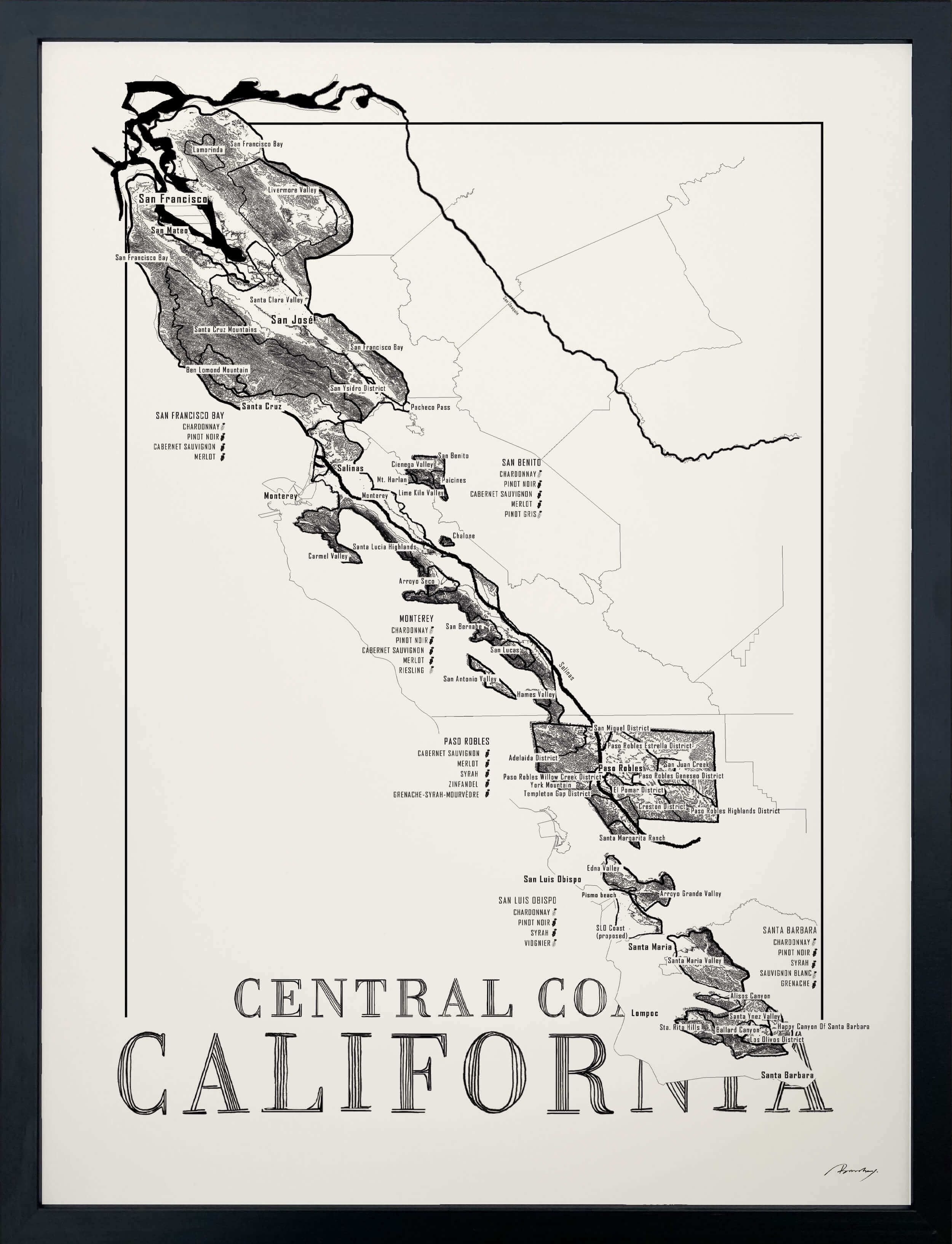 Central Coast Californa Wine map poster. Exclusive wine map posters. Premium quality wine maps printed on environmentally friendly FSC marked paper.