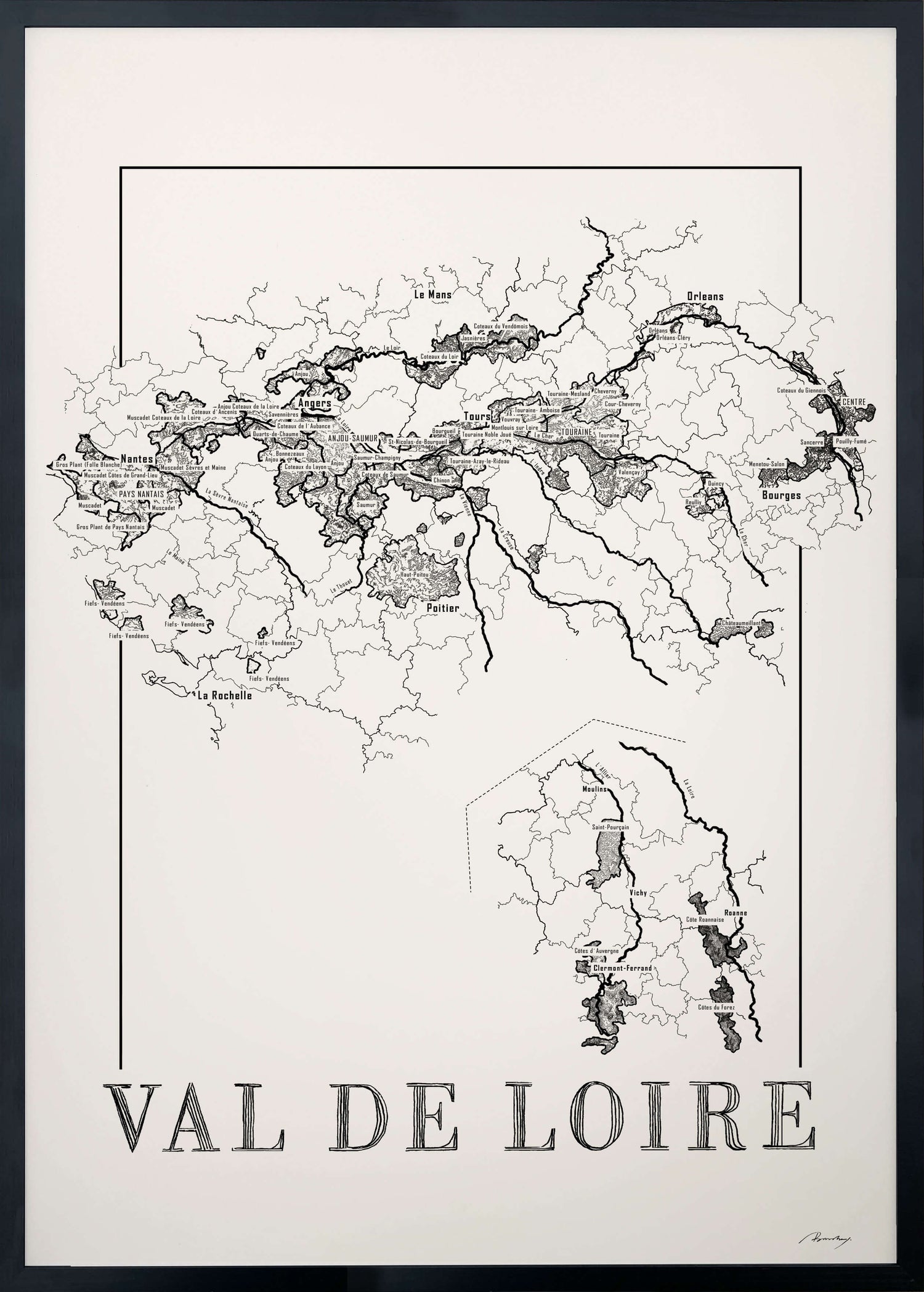 Loire Wine map poster. Exclusive wine map posters. Premium quality wine maps printed on environmentally friendly FSC marked paper.
