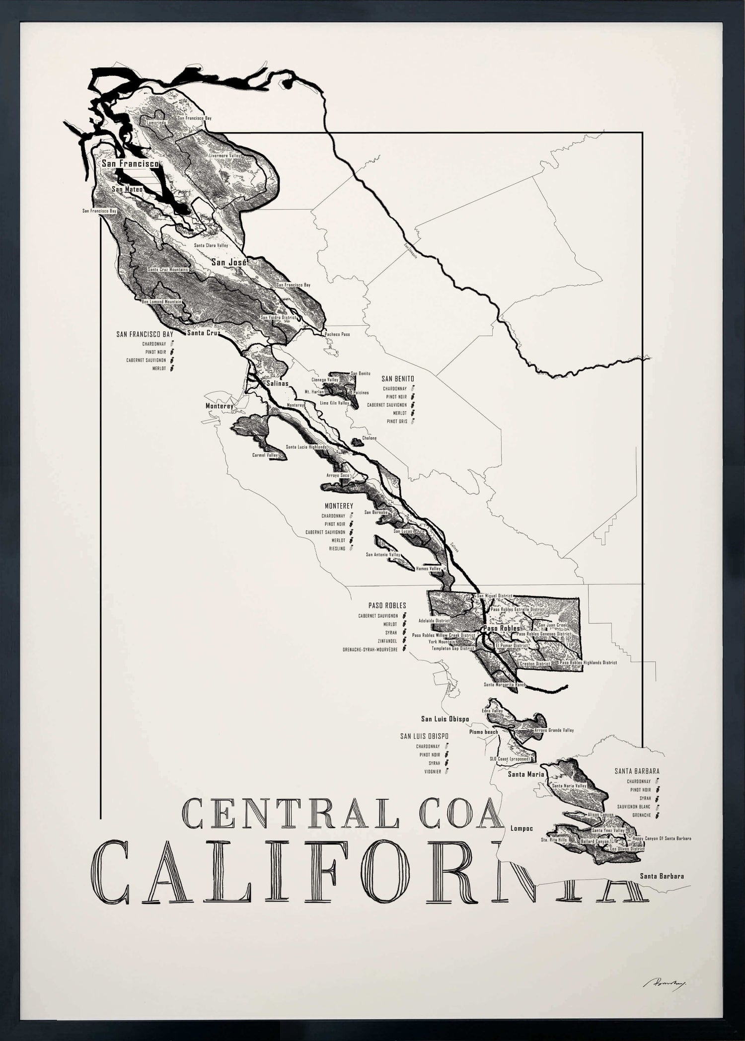 Central Coast Californa Wine map poster. Exclusive wine map posters. Premium quality wine maps printed on environmentally friendly FSC marked paper.