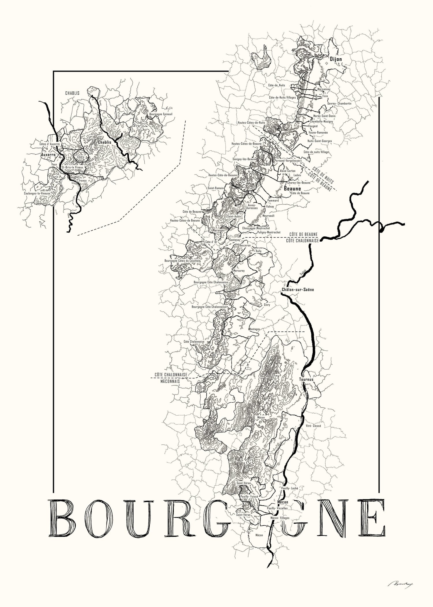 Bourgogne Wine map poster. Exclusive wine map posters. Premium quality wine maps printed on environmentally friendly FSC marked paper.