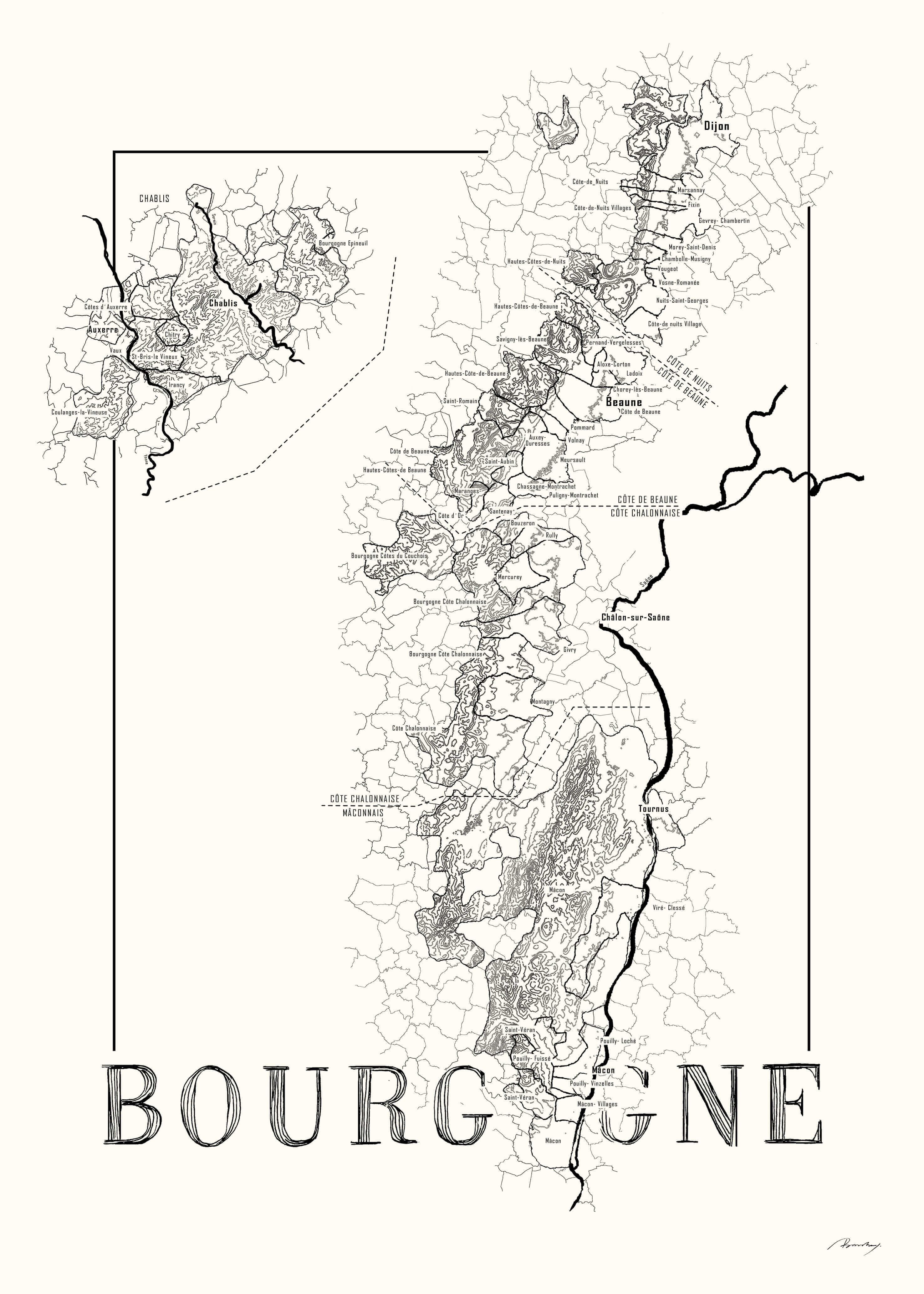 Bourgogne Wine map poster. Exclusive wine map posters. Premium quality wine maps printed on environmentally friendly FSC marked paper.