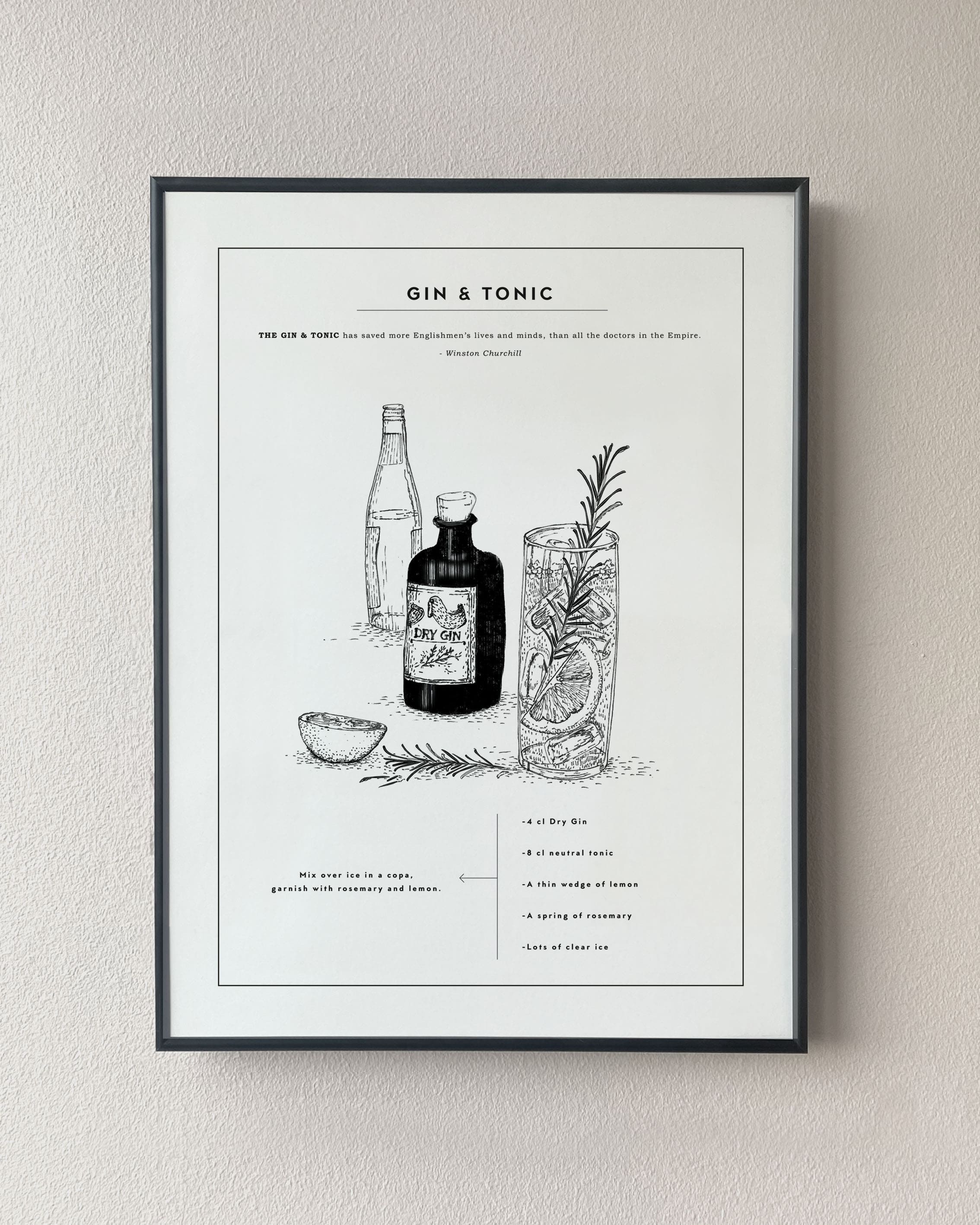 Gin & Tonic drink recipe poster. Exclusive kitchen posters. Premium quality art prints, printed on environmentally friendly FSC marked paper.