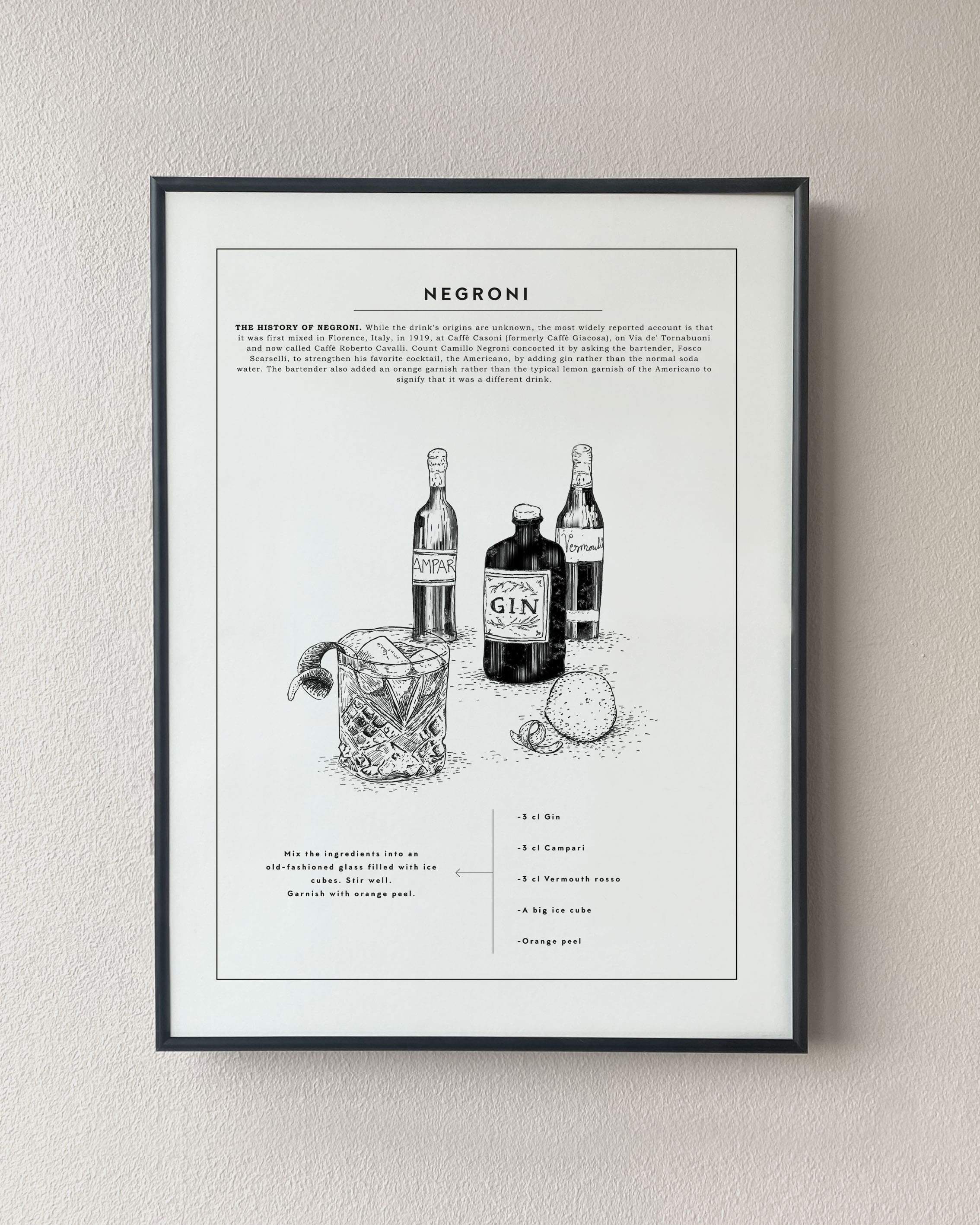 Negroni recipe. Exclusive kitchen posters. Premium quality art prints, printed on environmentally friendly FSC marked paper.