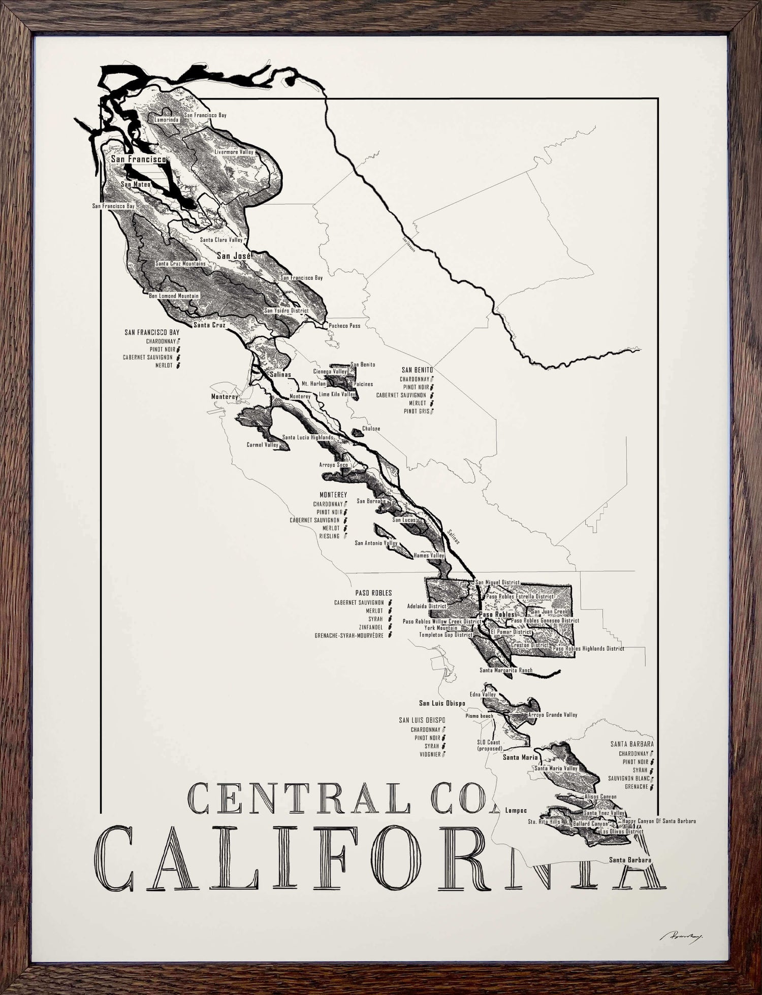 Central Coast Californa Wine map poster. Exclusive wine map posters. Premium quality wine maps printed on environmentally friendly FSC marked paper.