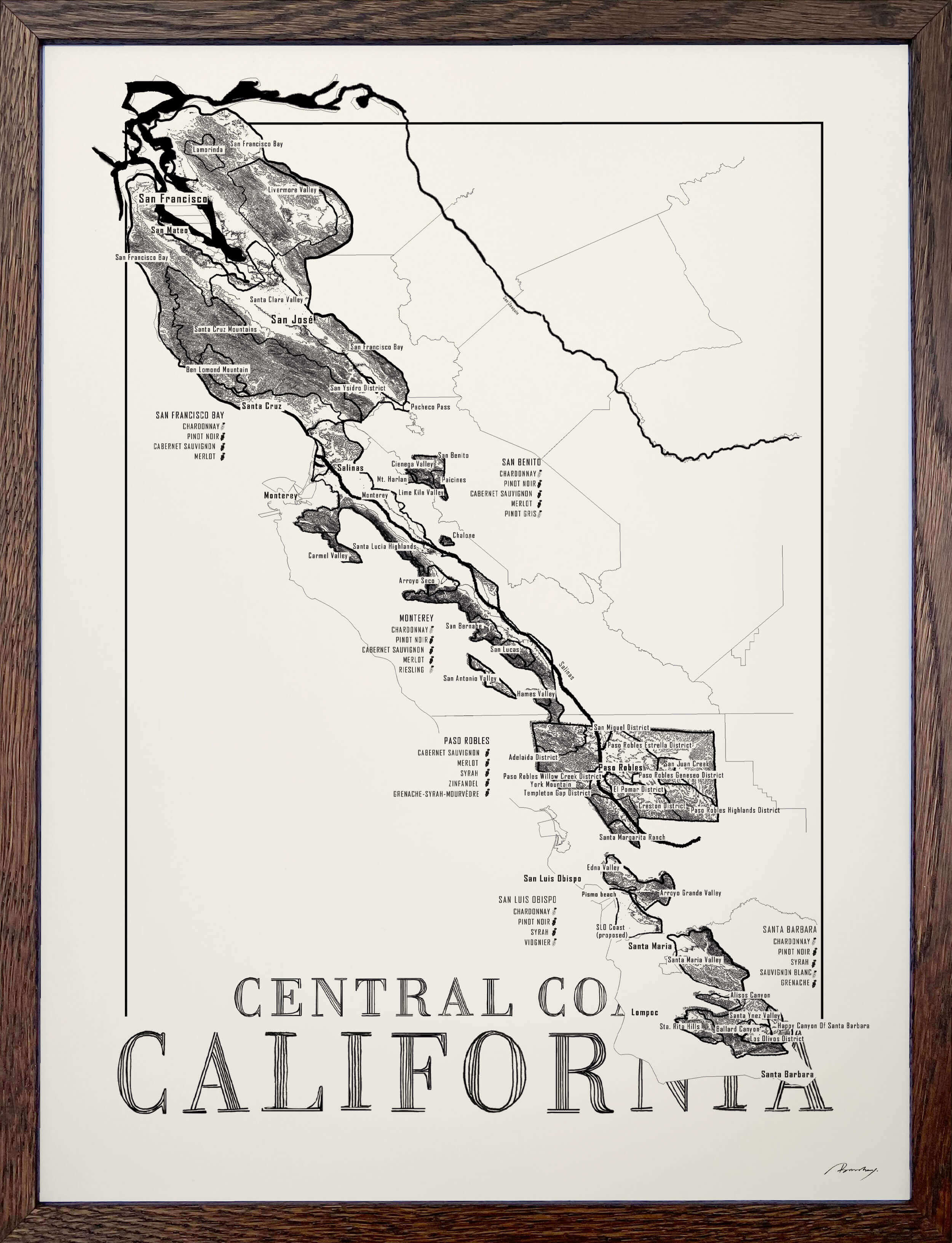 Central Coast Californa Wine map poster. Exclusive wine map posters. Premium quality wine maps printed on environmentally friendly FSC marked paper.