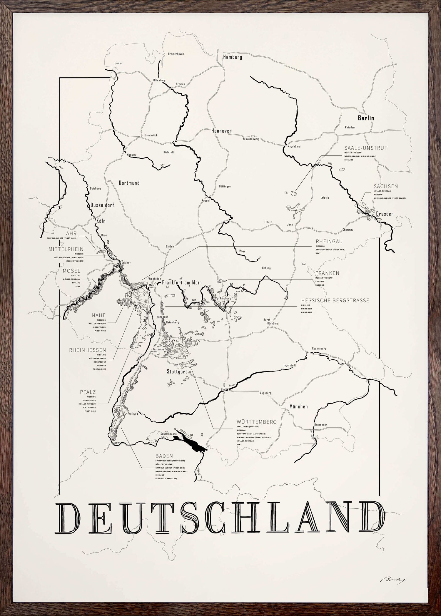 Germany Wine map poster. Exclusive wine map posters. Premium quality wine maps printed on environmentally friendly FSC marked paper.
