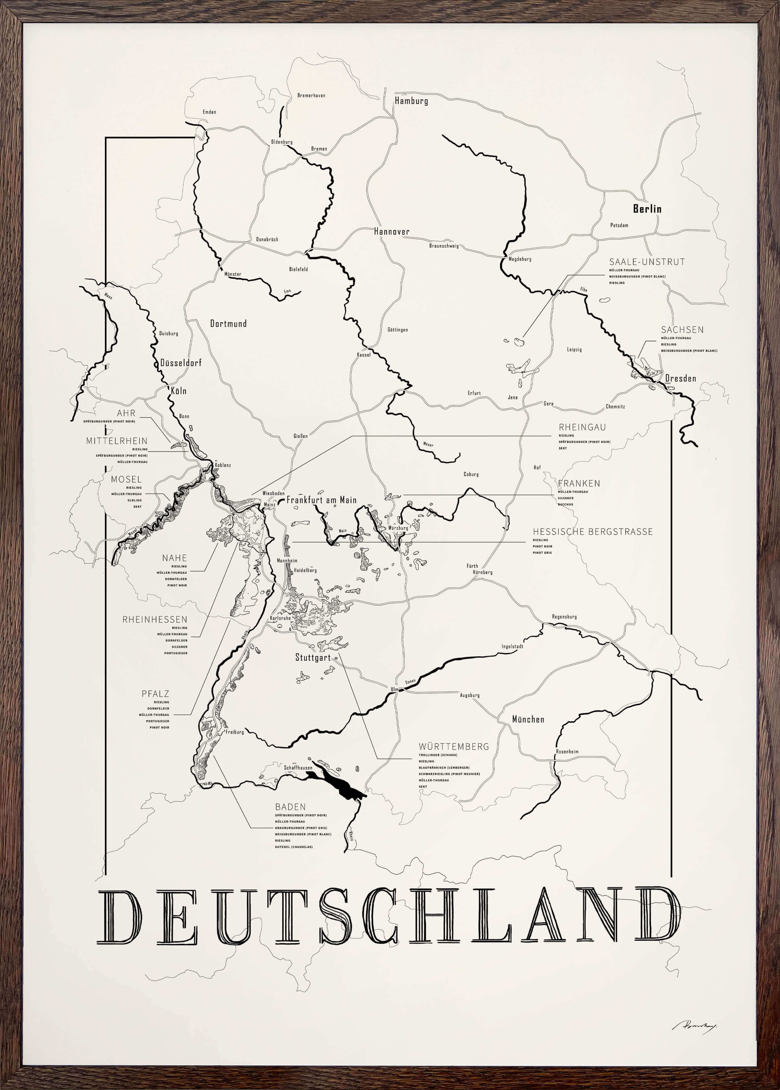 Germany Wine map poster. Exclusive wine map posters. Premium quality wine maps printed on environmentally friendly FSC marked paper.