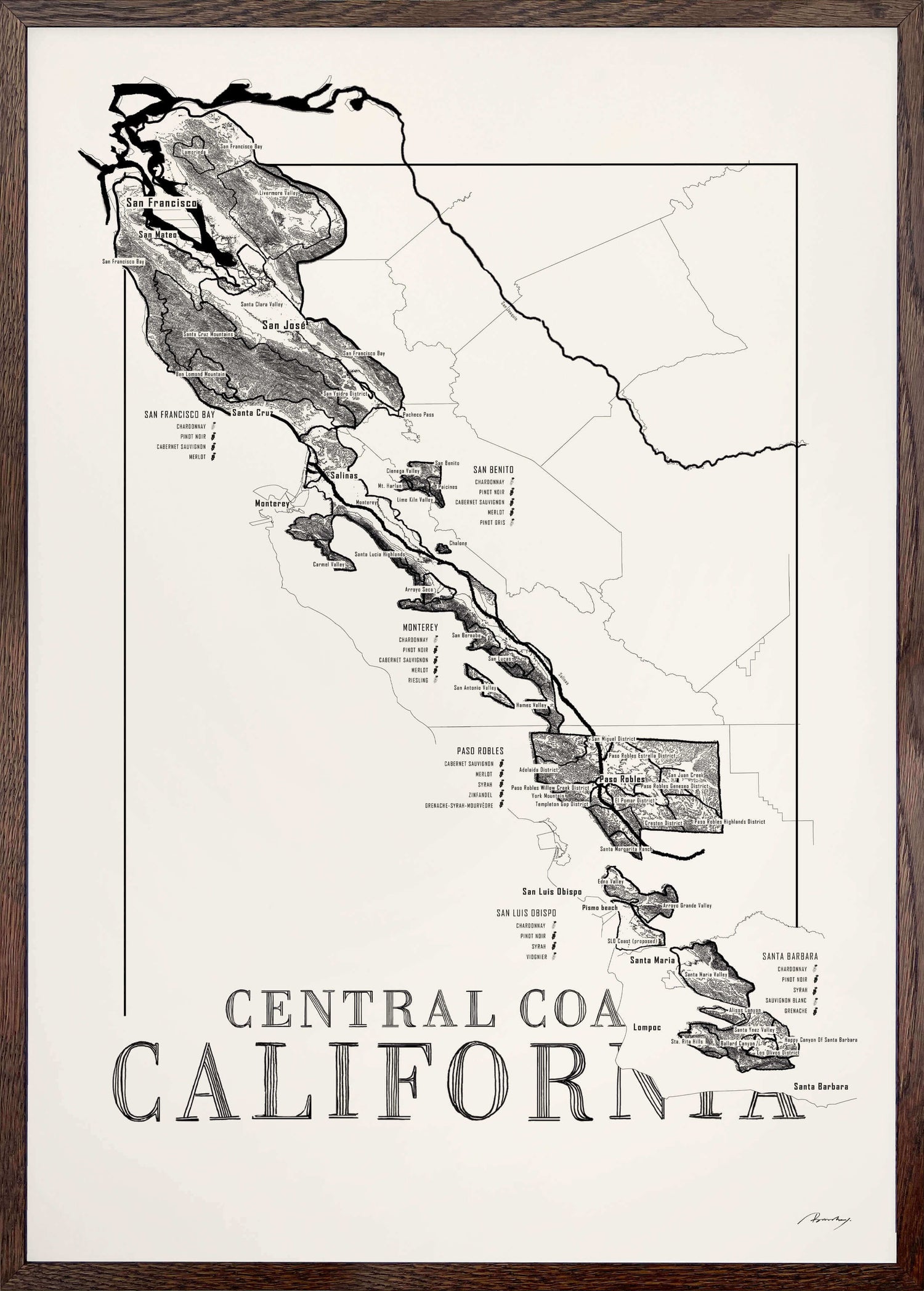 Central Coast Californa Wine map poster. Exclusive wine map posters. Premium quality wine maps printed on environmentally friendly FSC marked paper.