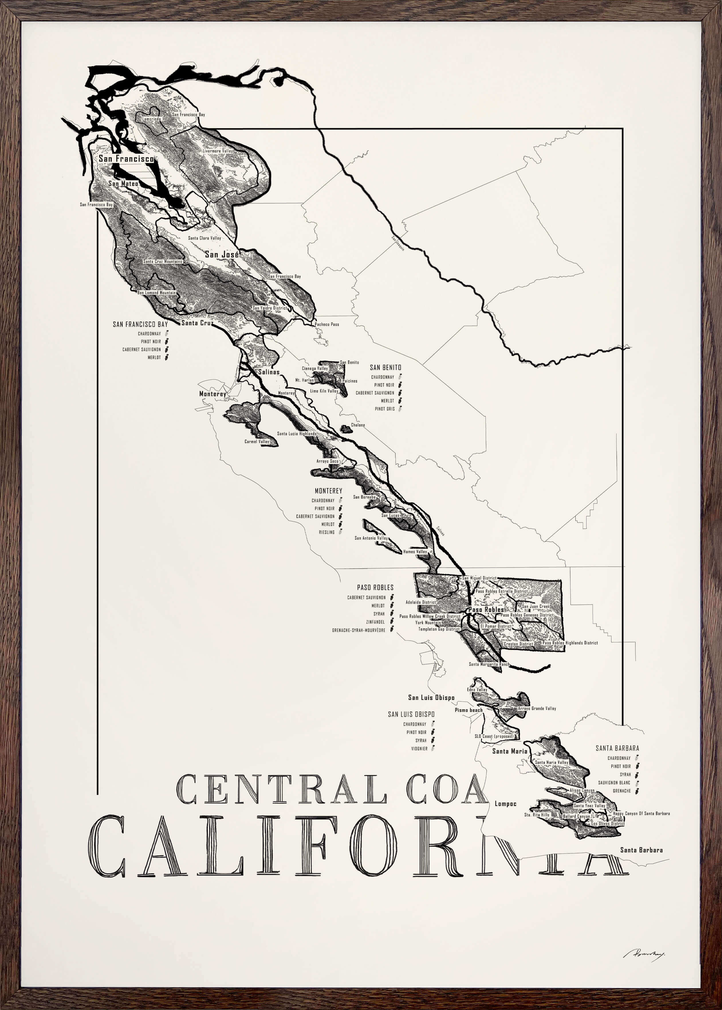 Central Coast Californa Wine map poster. Exclusive wine map posters. Premium quality wine maps printed on environmentally friendly FSC marked paper.