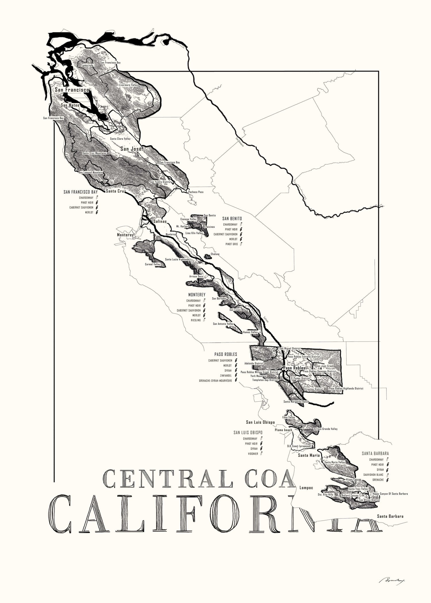 Central Coast Californa Wine map poster. Exclusive wine map posters. Premium quality wine maps printed on environmentally friendly FSC marked paper.