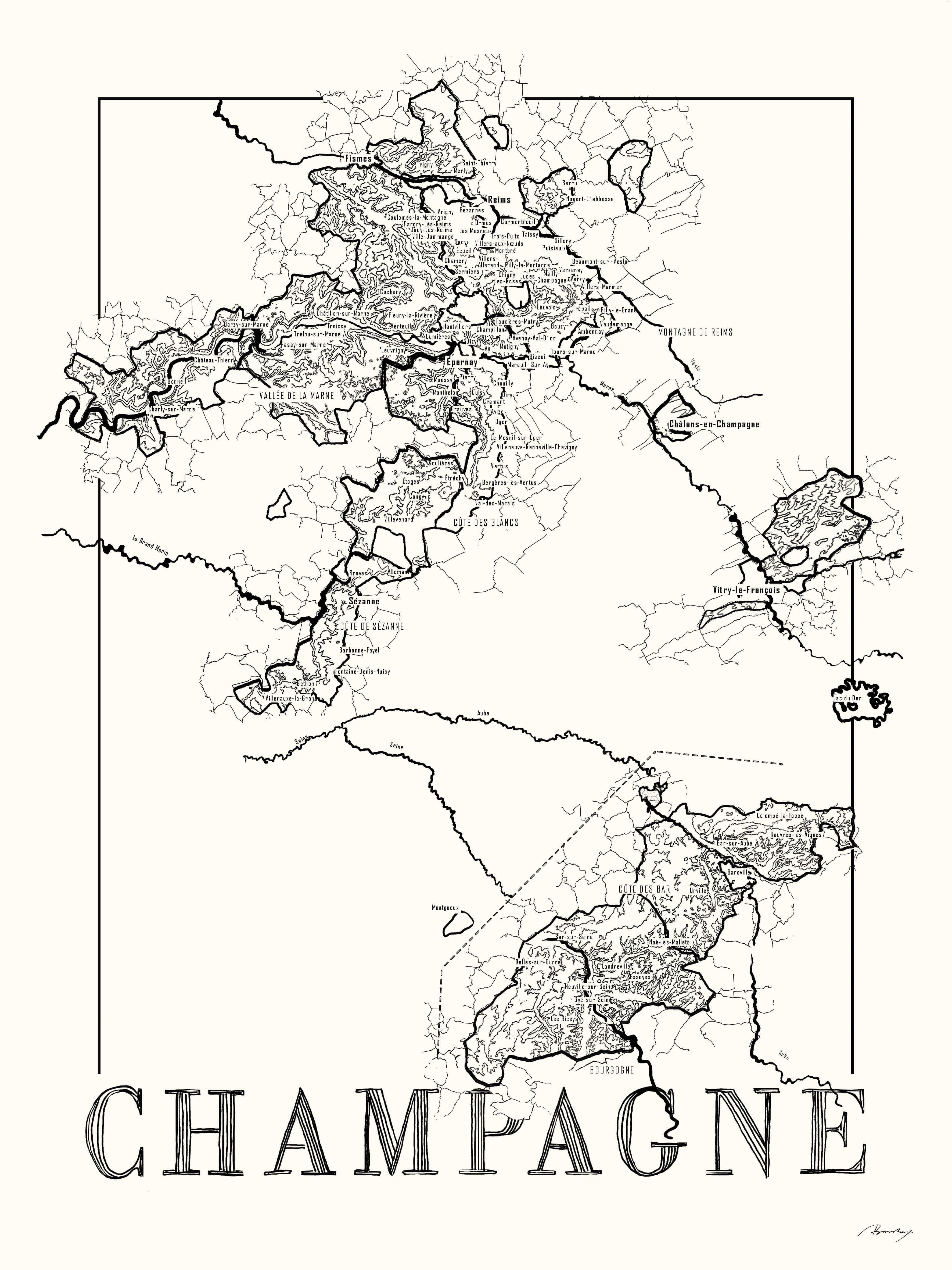 Champagne Wine map poster. Exclusive wine map posters. Premium quality wine maps printed on environmentally friendly FSC marked paper.