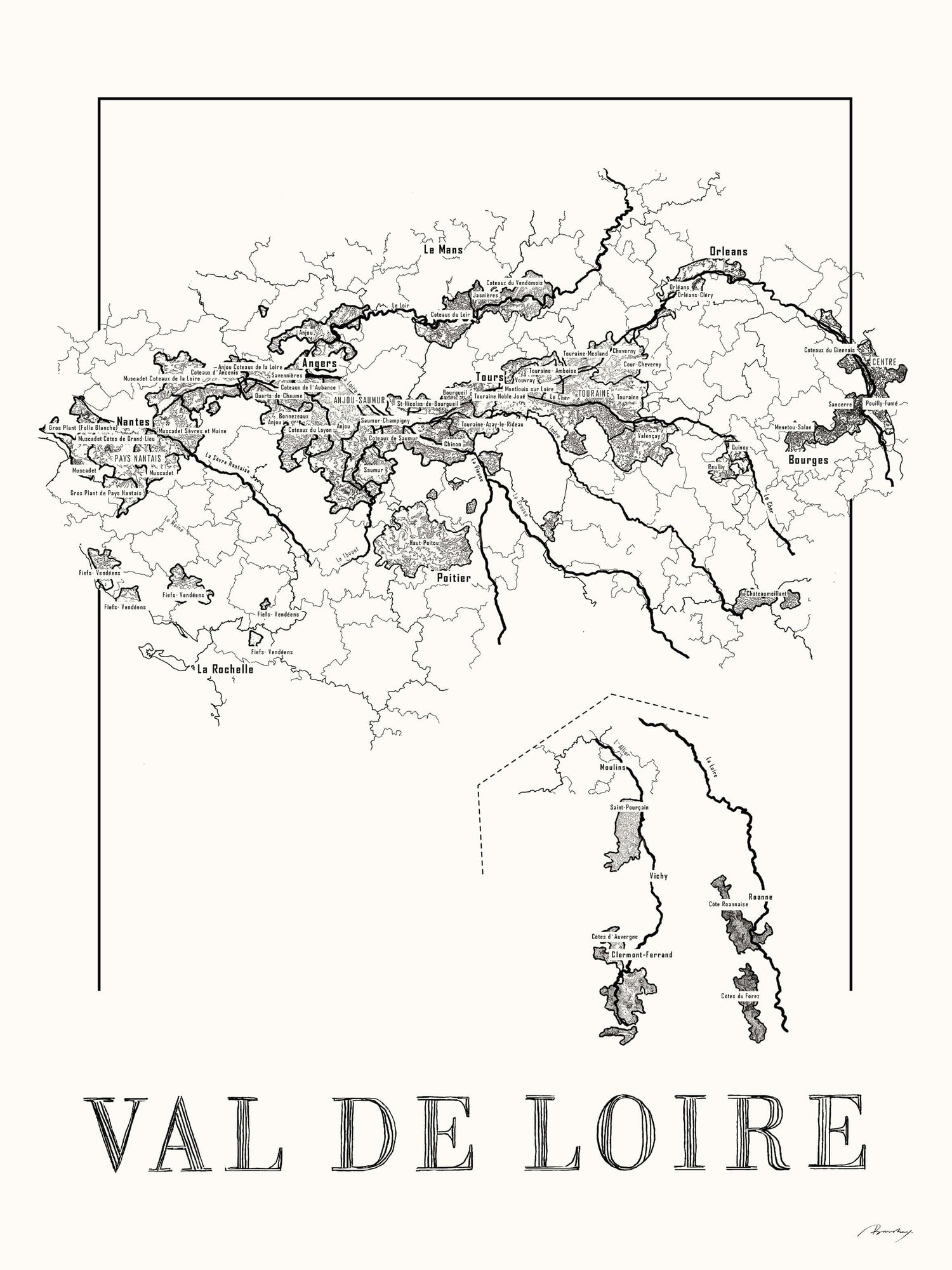 Loire Wine map poster. Exclusive wine map posters. Premium quality wine maps printed on environmentally friendly FSC marked paper.