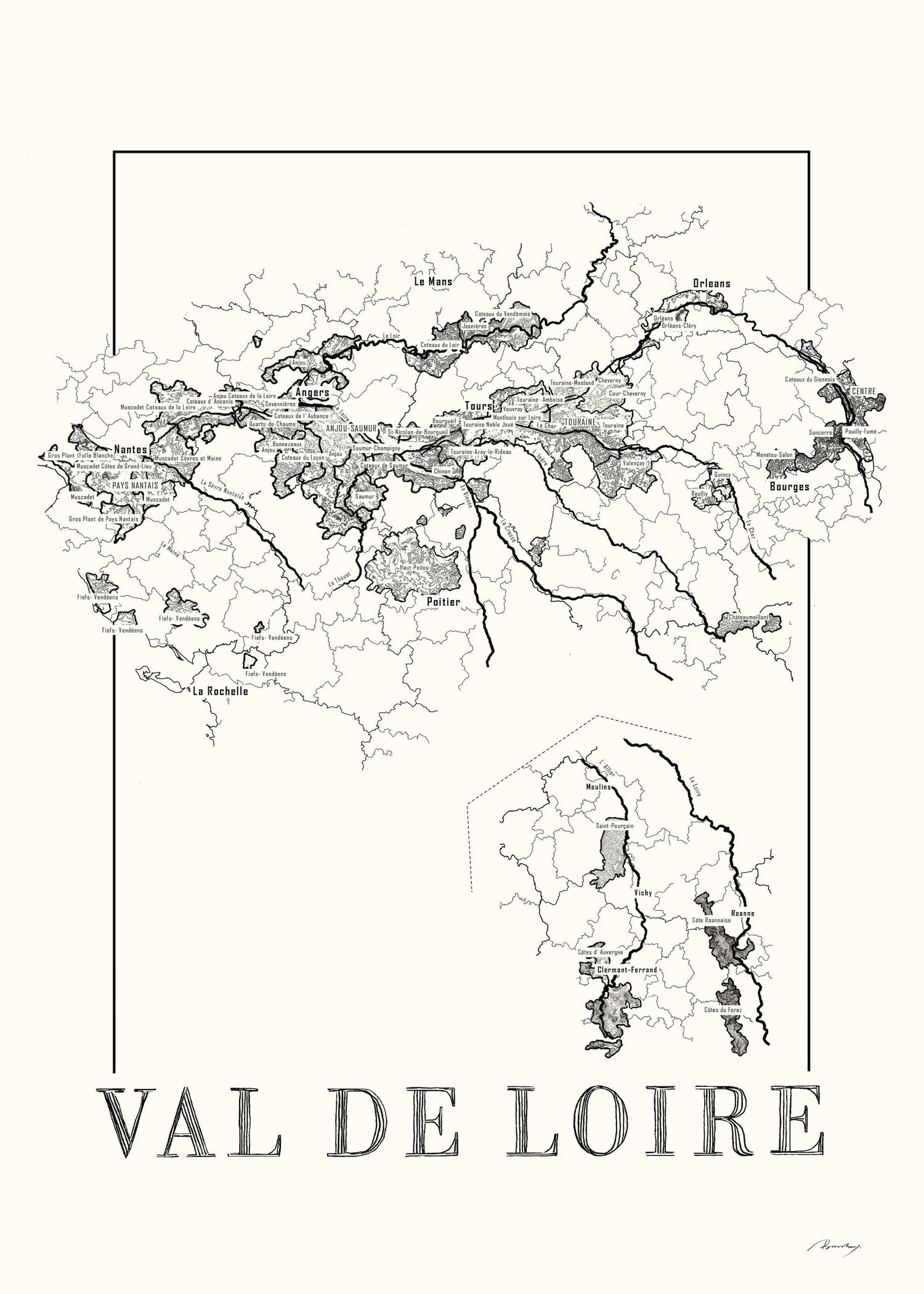 Loire Wine map poster. Exclusive wine map posters. Premium quality wine maps printed on environmentally friendly FSC marked paper.