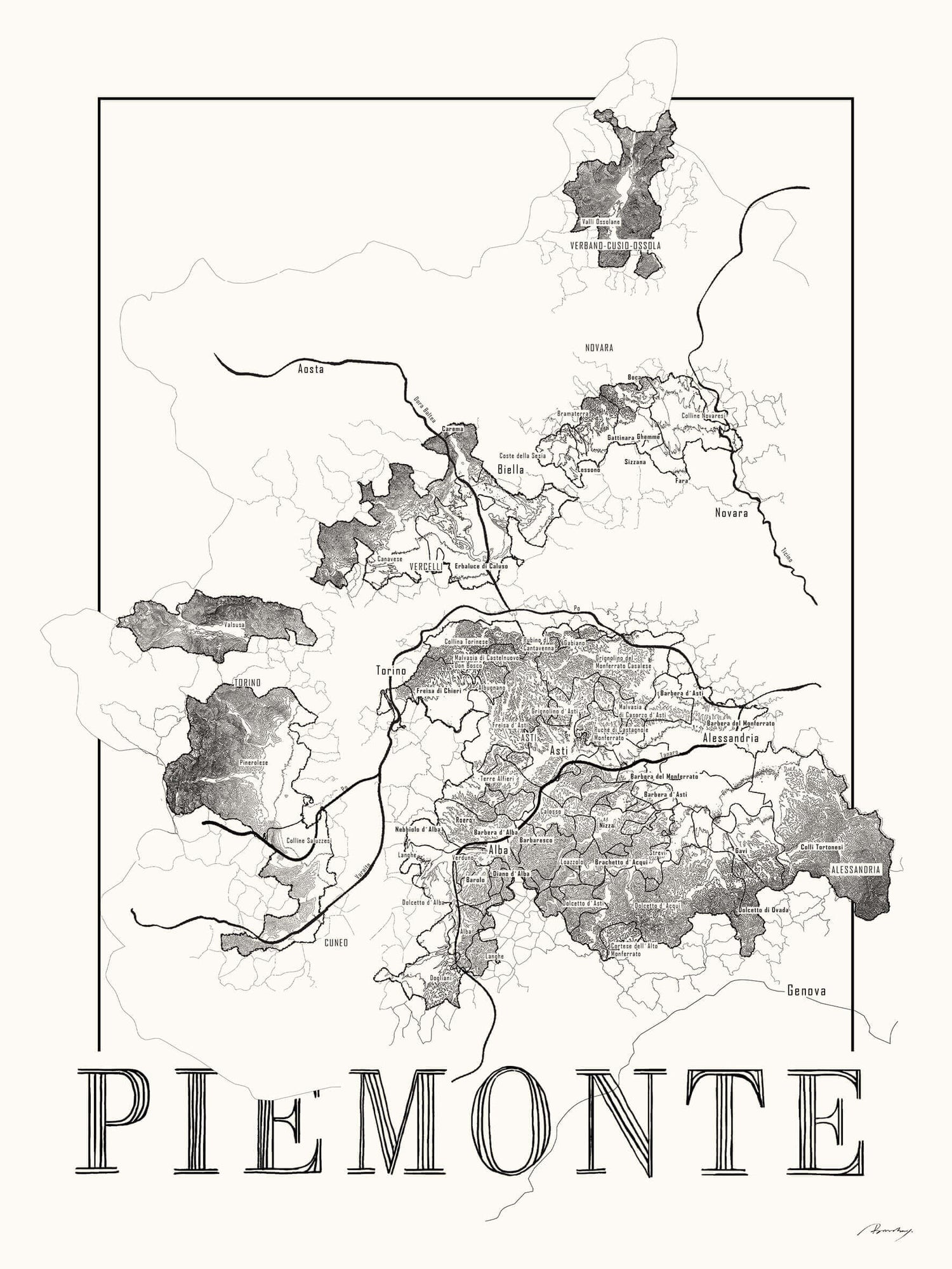 Piemonte Wine map poster. Exclusive wine map posters. Premium quality wine maps printed on environmentally friendly FSC marked paper.