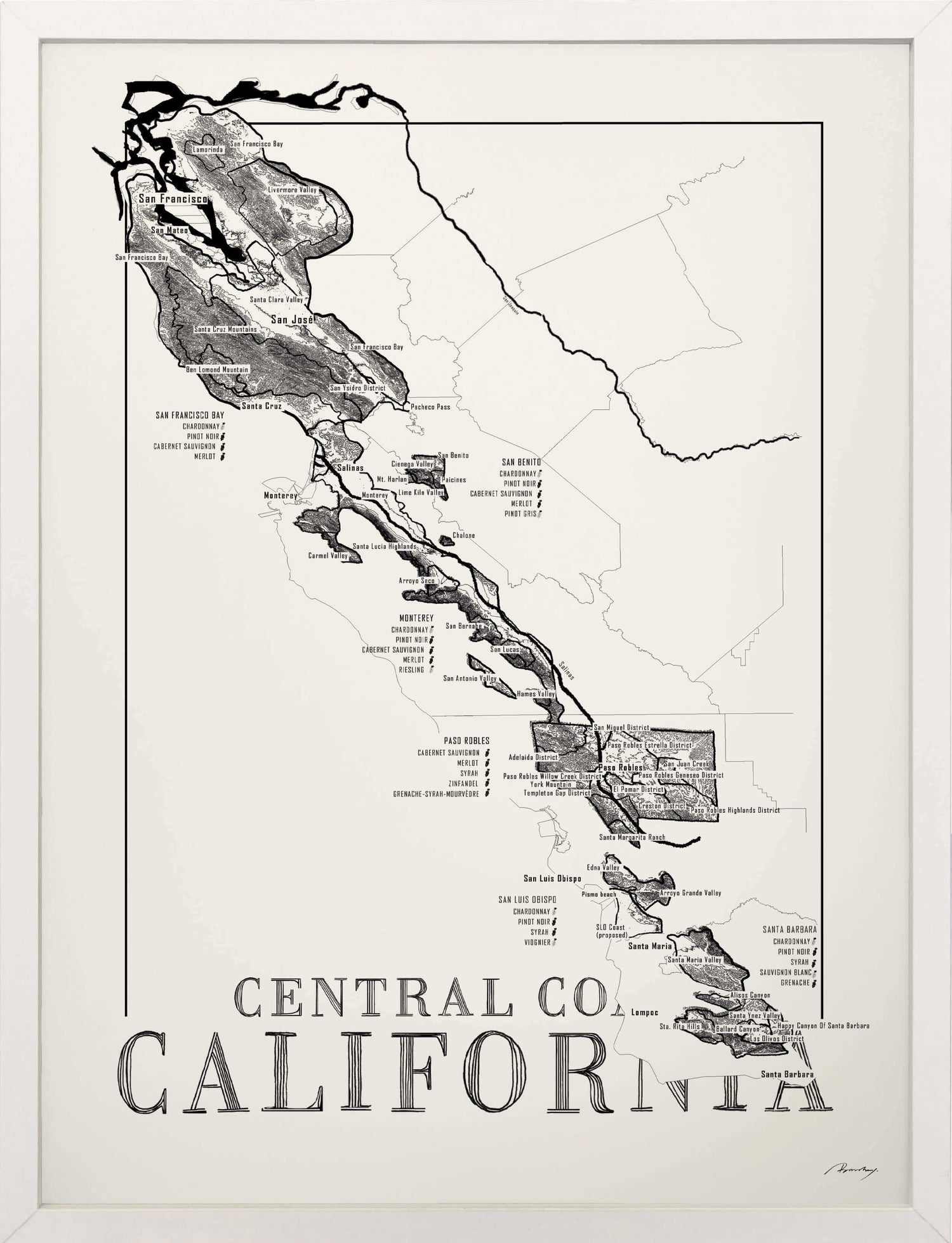 Central Coast Californa Wine map poster. Exclusive wine map posters. Premium quality wine maps printed on environmentally friendly FSC marked paper.