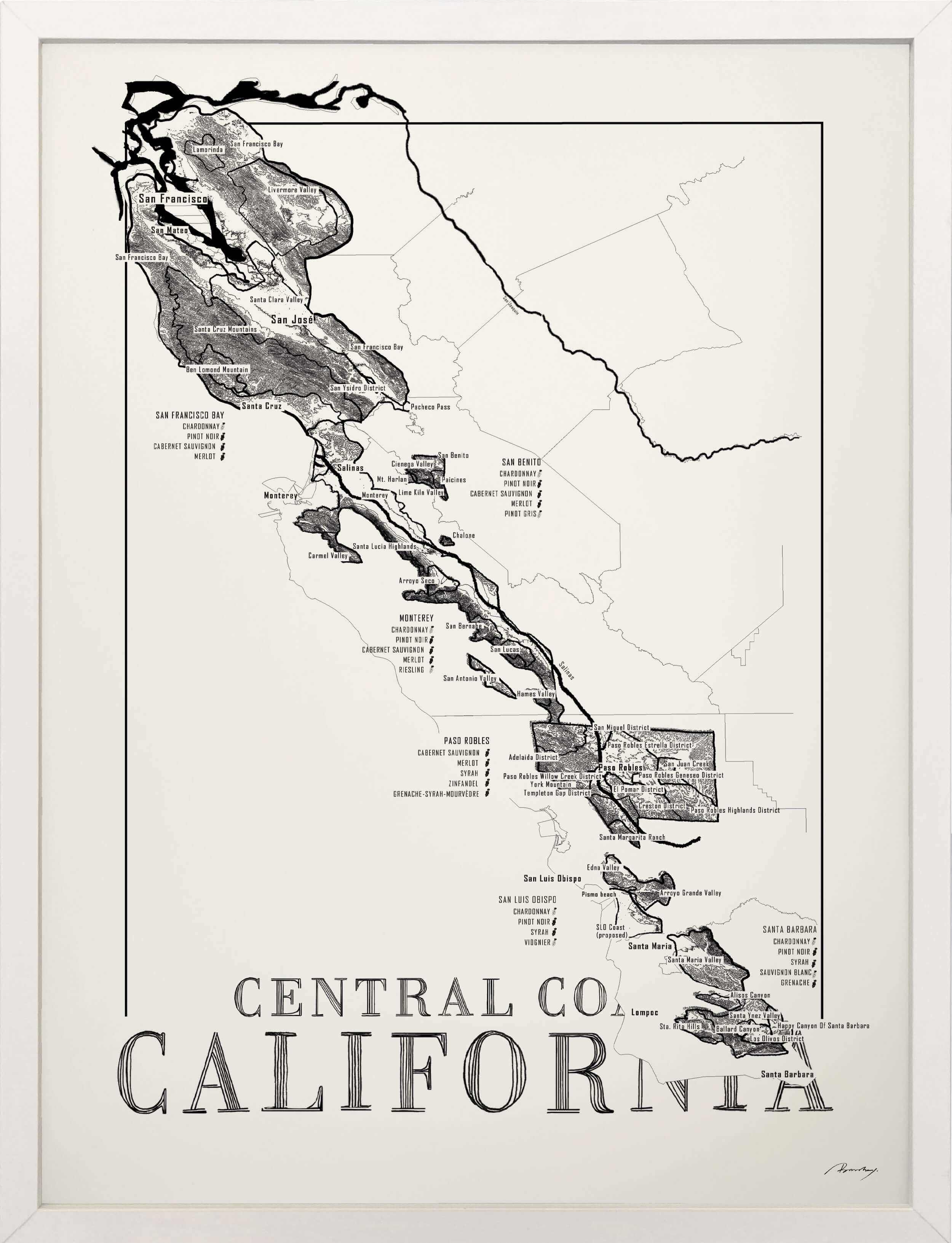 Central Coast Californa Wine map poster. Exclusive wine map posters. Premium quality wine maps printed on environmentally friendly FSC marked paper.