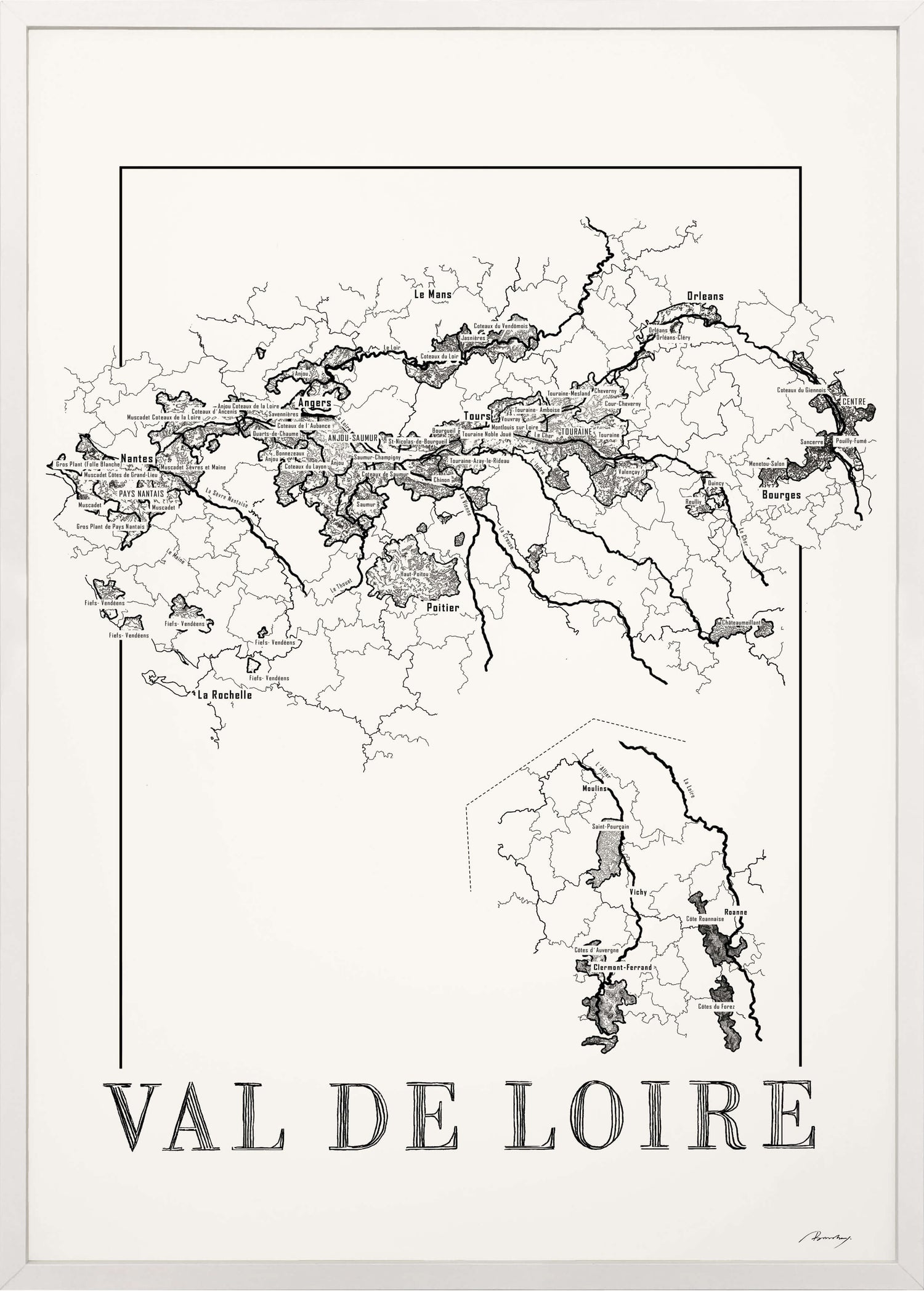Loire Wine map poster. Exclusive wine map posters. Premium quality wine maps printed on environmentally friendly FSC marked paper.