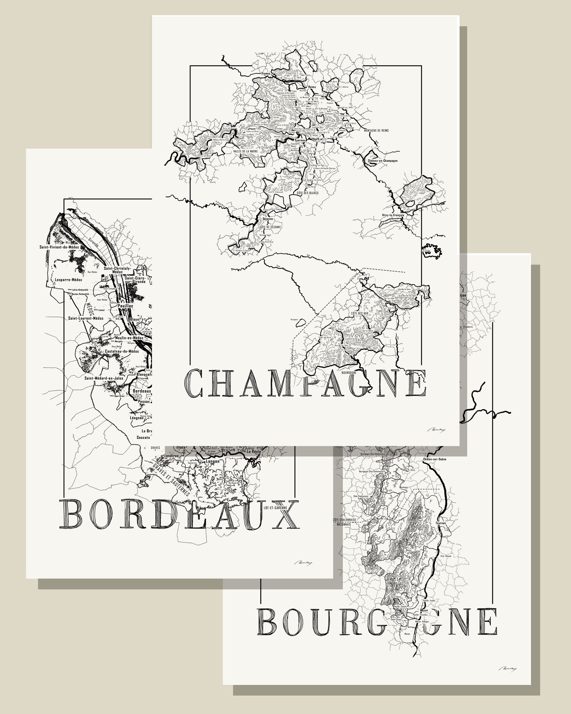 France wine map poster set. Exclusive wine map posters. Premium quality wine maps printed on environmentally friendly FSC marked paper.