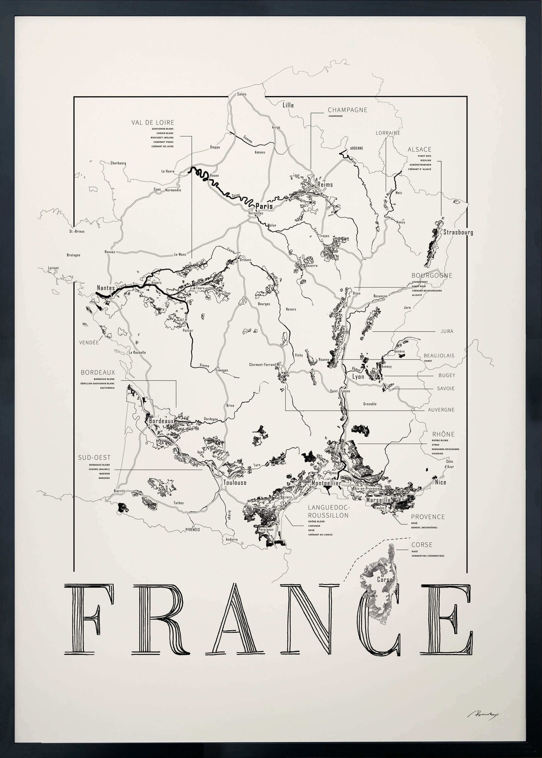 France Wine map poster. Exclusive wine map posters. Premium quality wine maps printed on environmentally friendly FSC marked paper.