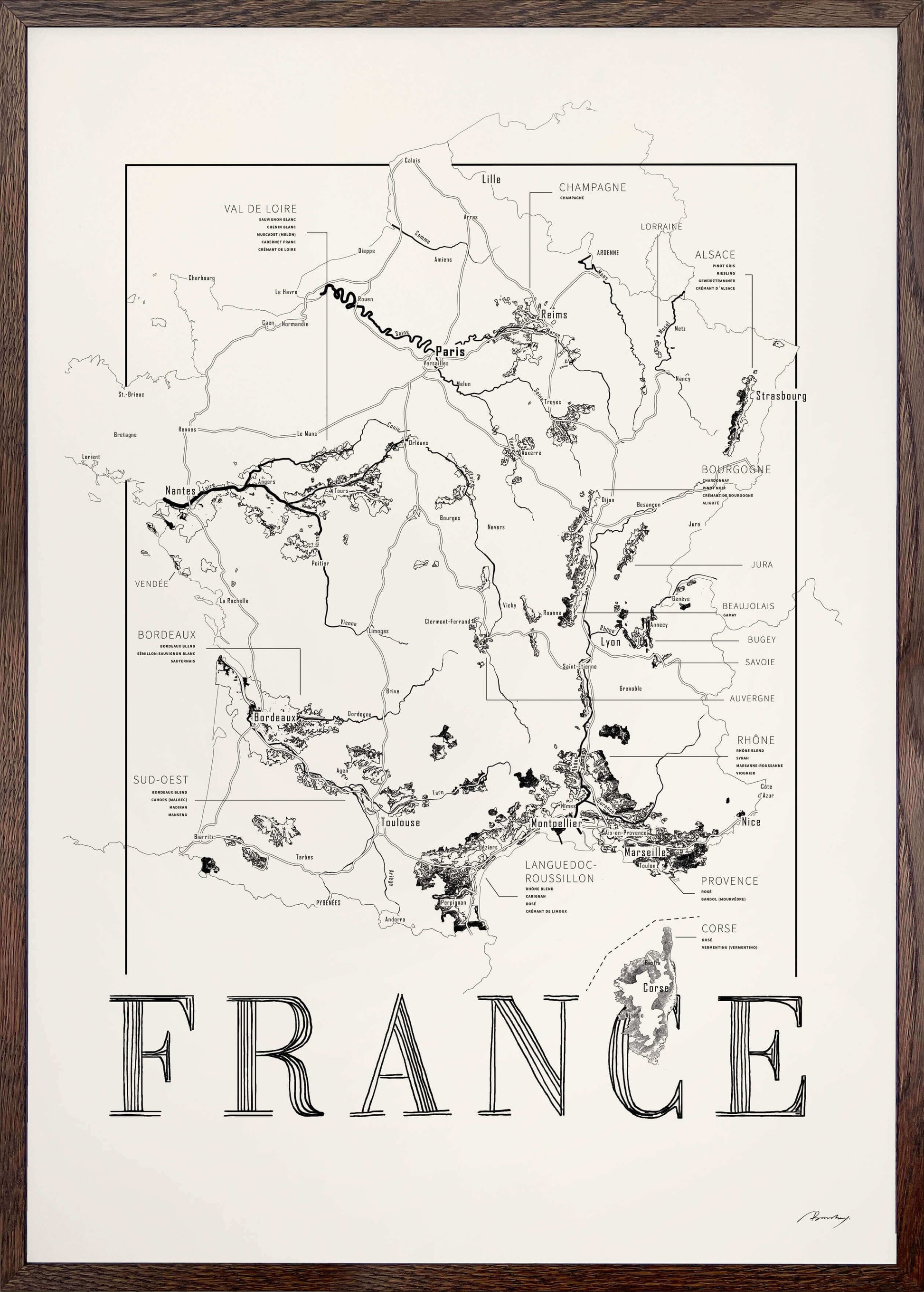 France Wine map poster. Exclusive wine map posters. Premium quality wine maps printed on environmentally friendly FSC marked paper. 