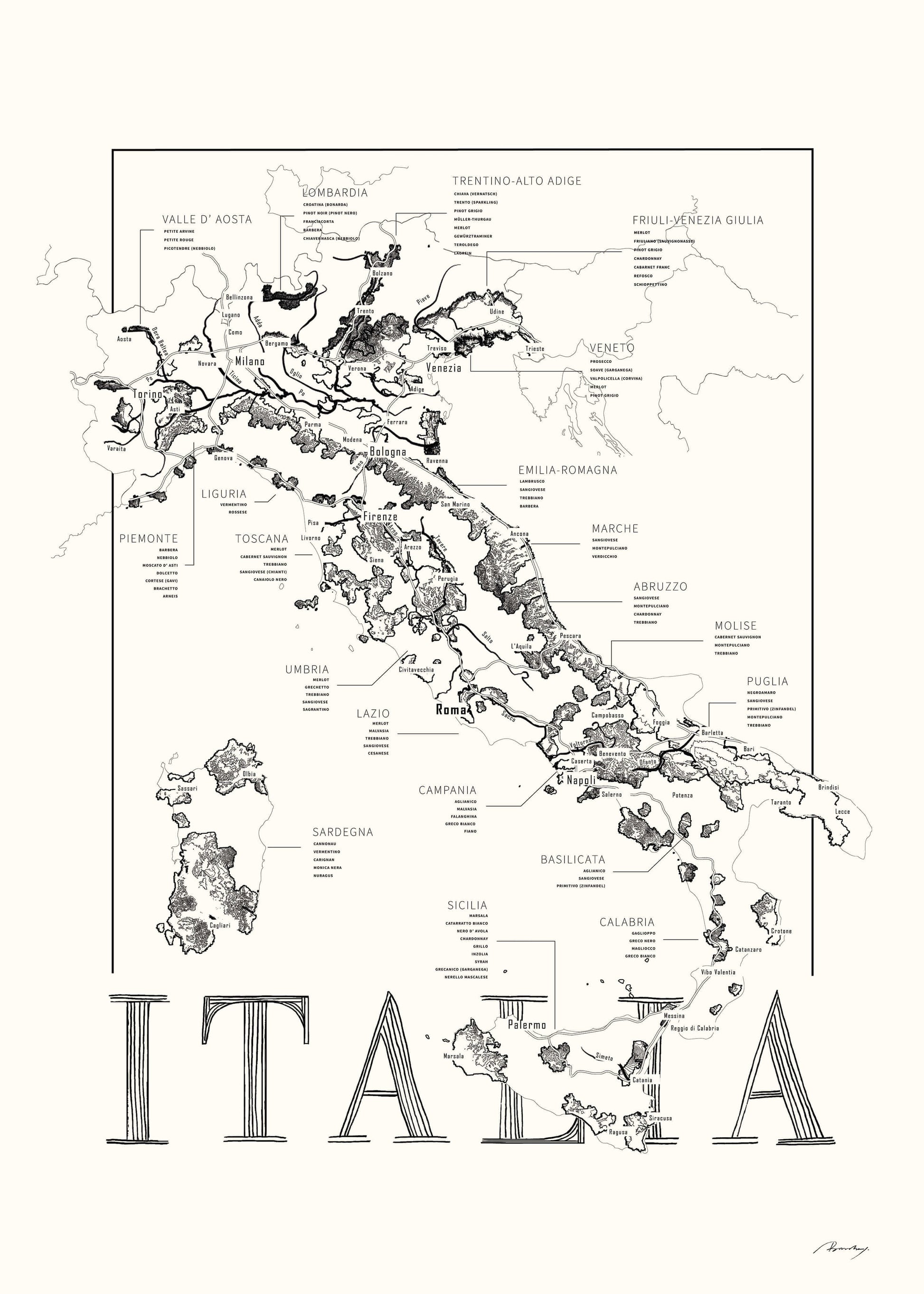 Italy Wine map poster. Wine art. Wine print. Wine poster.  Exclusive wine map posters. Premium quality wine maps printed on environmentally friendly FSC marked paper. 