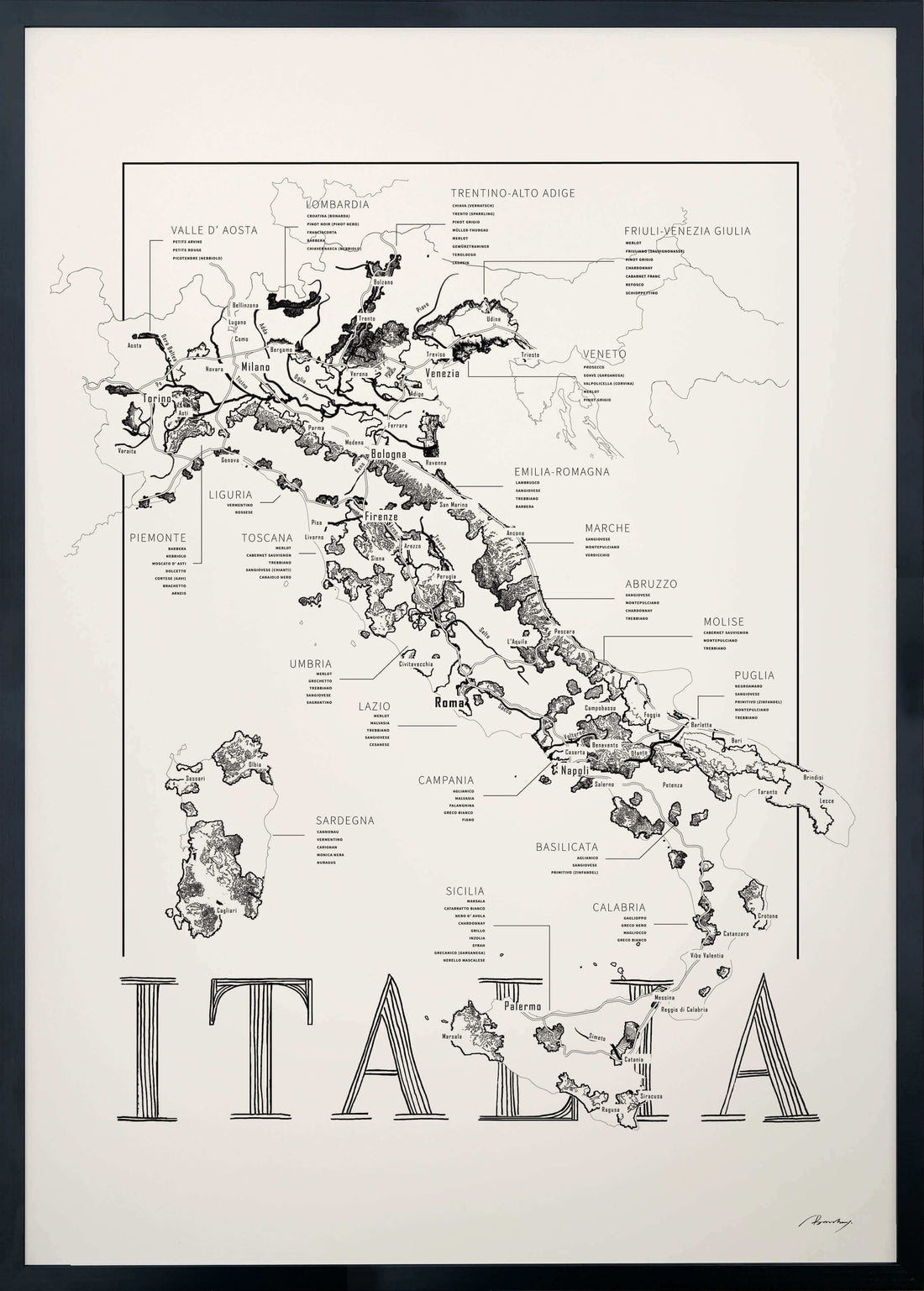 Italy Wine map poster. Wine art. Wine print. Wine poster. Exclusive wine map posters. Premium quality wine maps printed on environmentally friendly FSC marked paper.