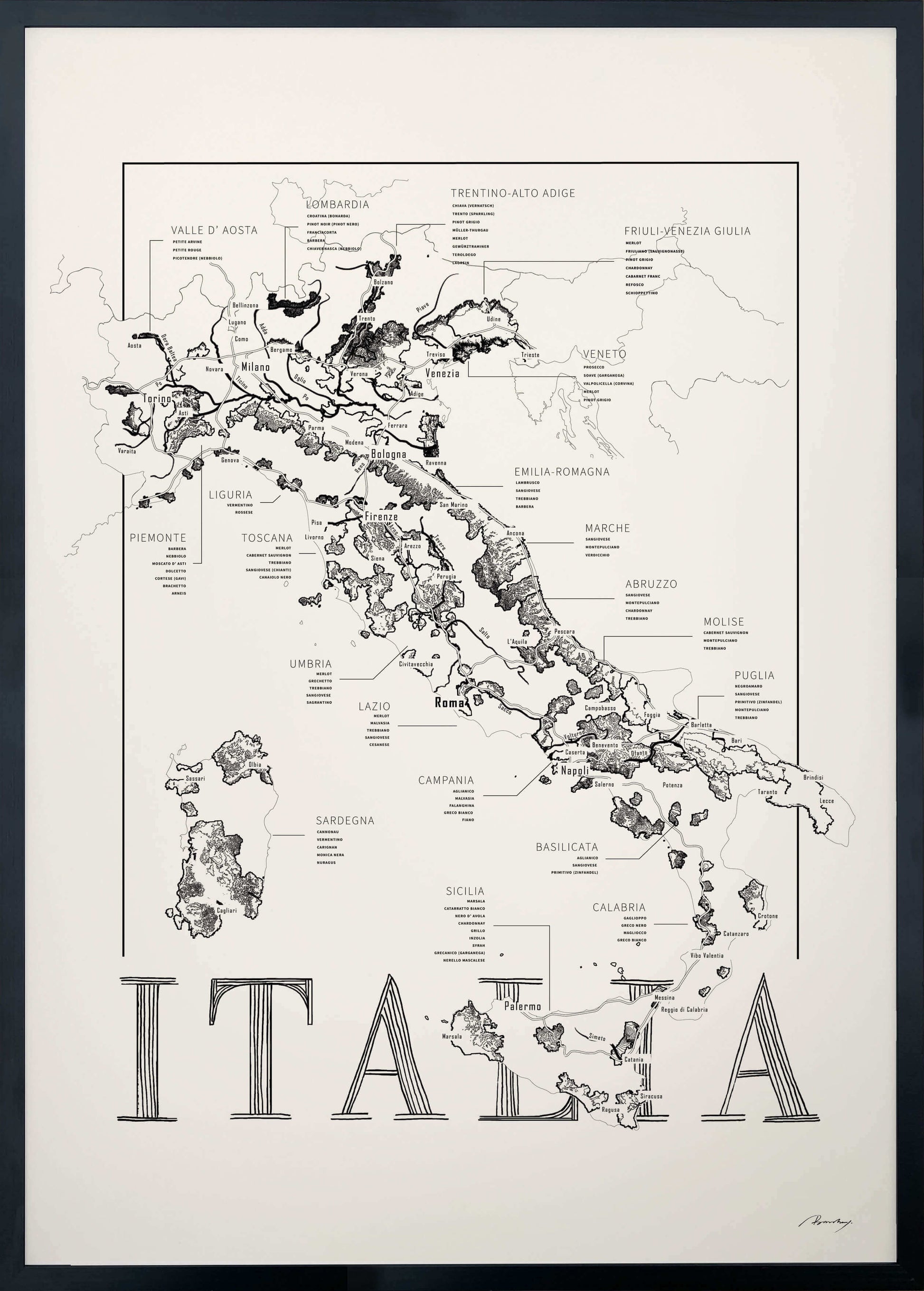 Italy Wine map poster. Wine art. Wine print. Wine poster. Exclusive wine map posters. Premium quality wine maps printed on environmentally friendly FSC marked paper. 