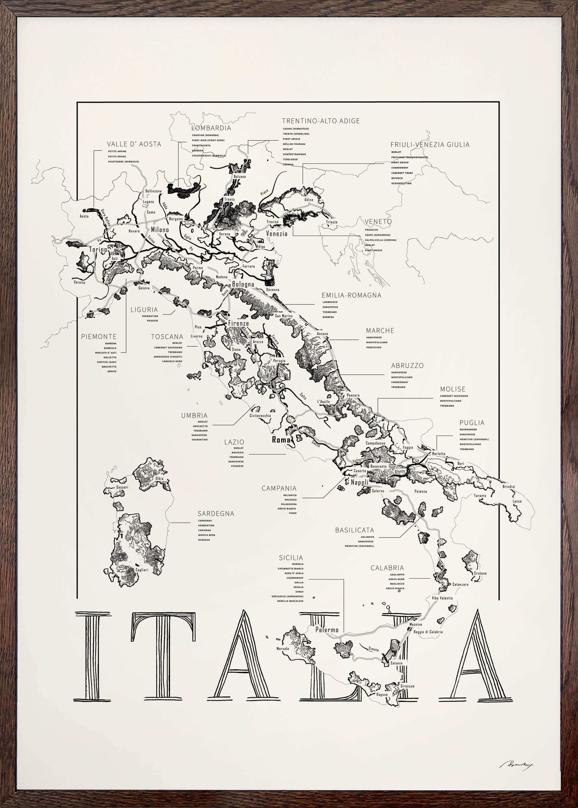 Italy Wine map poster. Wine art. Wine print. Wine poster. Exclusive wine map posters. Premium quality wine maps printed on environmentally friendly FSC marked paper. 