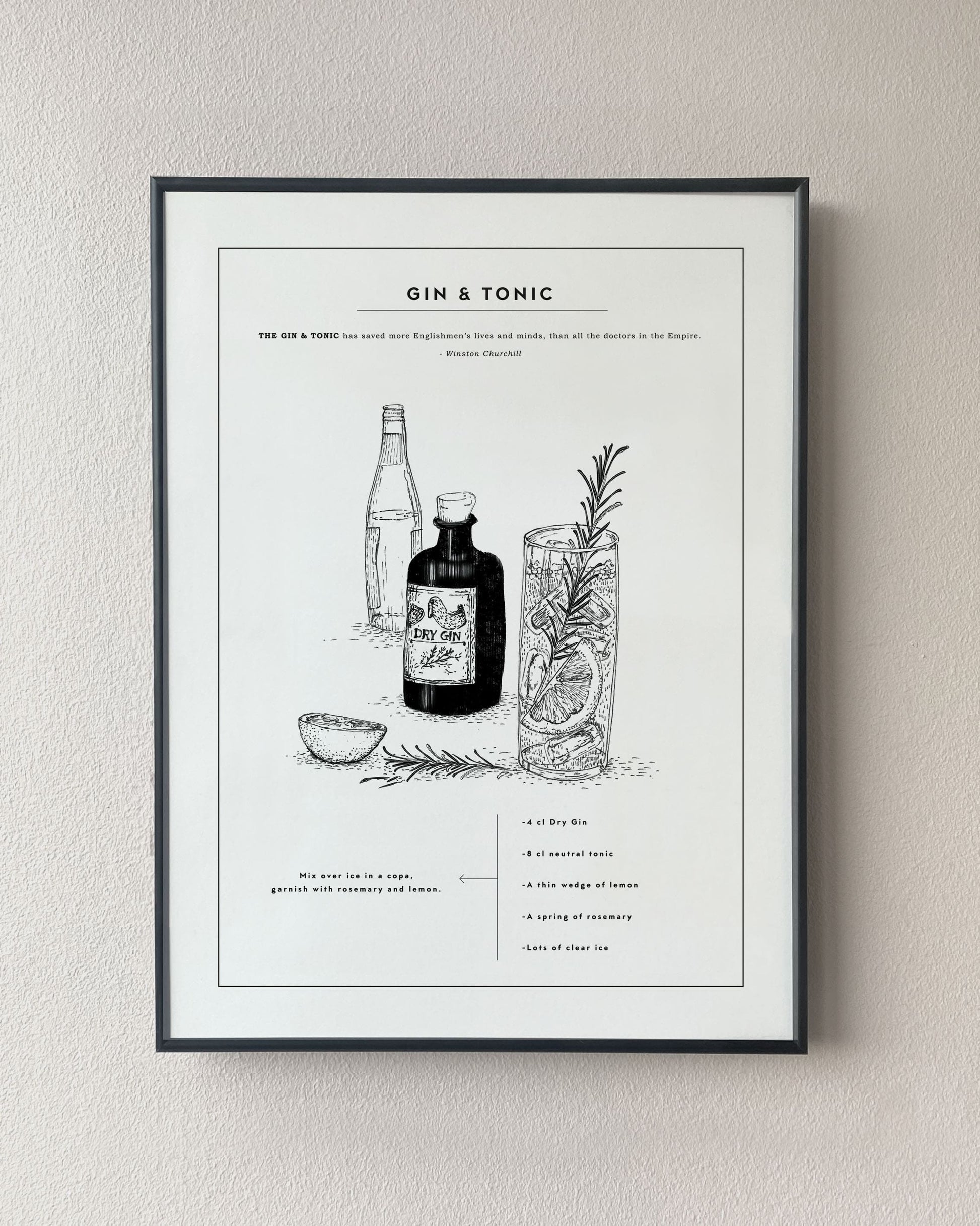 Gin & Tonic drink recipe poster. Exclusive kitchen posters. Premium quality art prints, printed on environmentally friendly FSC marked paper. 