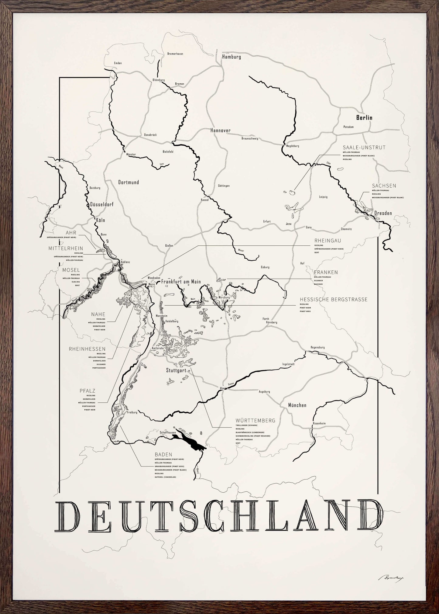 Germany Wine map poster. Exclusive wine map posters. Premium quality wine maps printed on environmentally friendly FSC marked paper. 