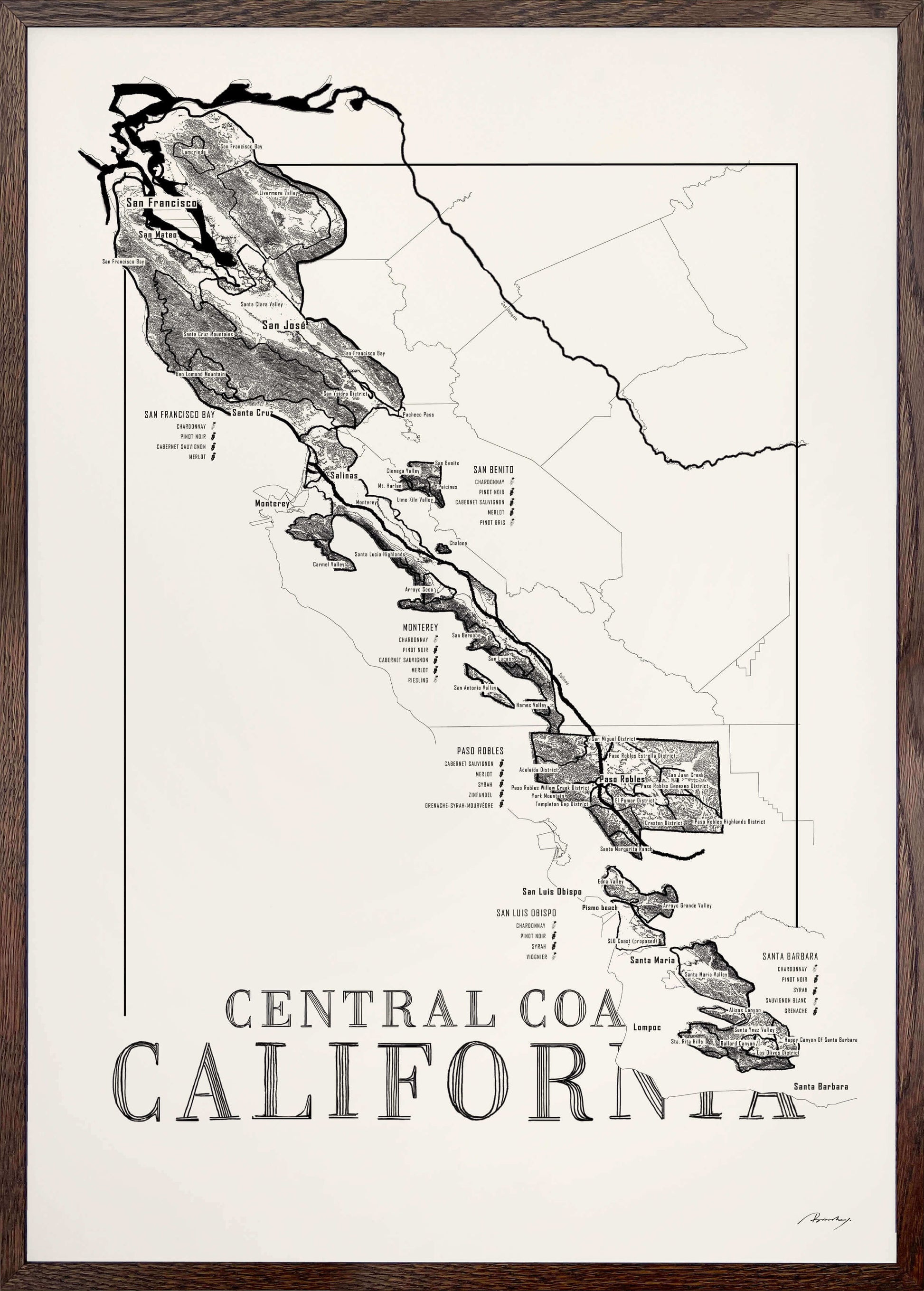 Central Coast Californa Wine map poster. Exclusive wine map posters. Premium quality wine maps printed on environmentally friendly FSC marked paper. 