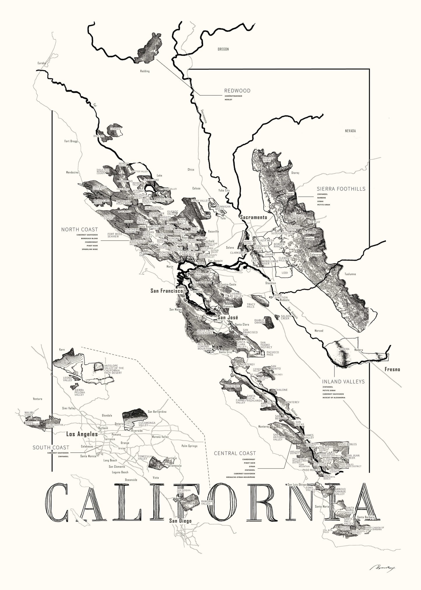 California Wine map poster. Exclusive wine map posters. Premium quality wine maps printed on environmentally friendly FSC marked paper. 