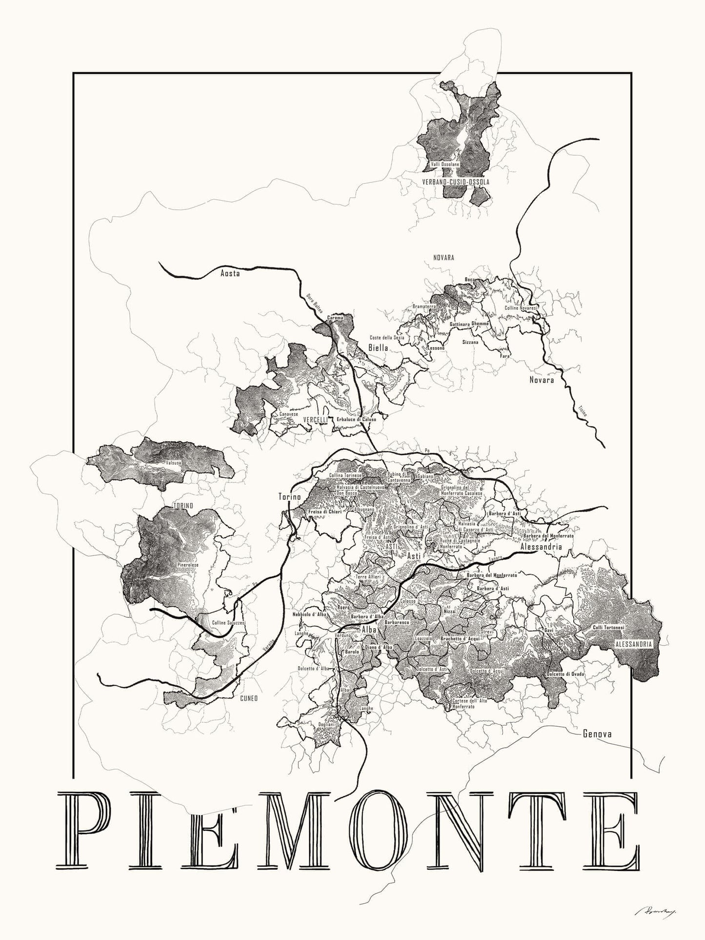 Piemonte Wine map poster. Exclusive wine map posters. Premium quality wine maps printed on environmentally friendly FSC marked paper. 