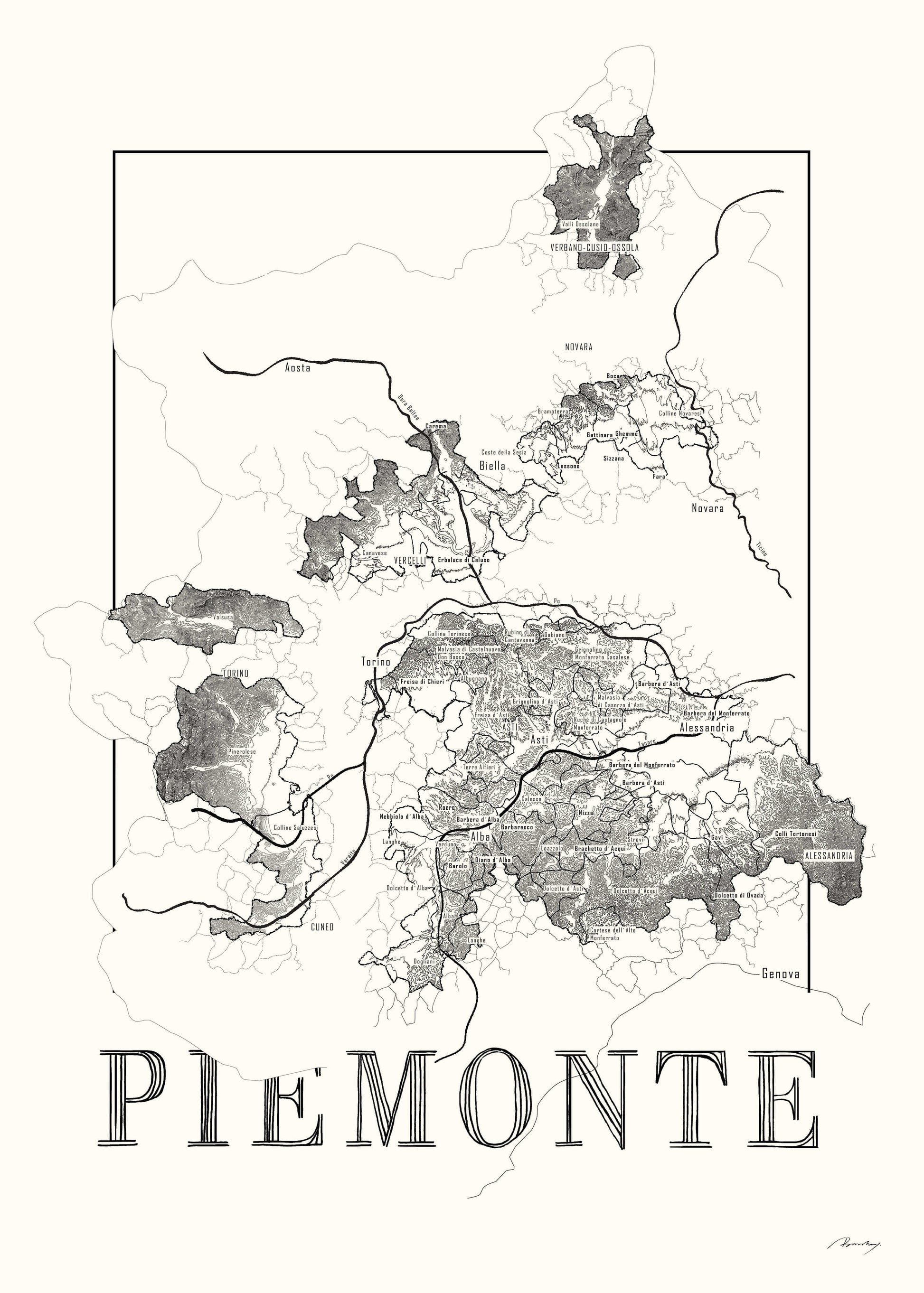 Piemonte Wine map poster. Wine art. Wine print. Wine poster. Exclusive wine map posters. Premium quality wine maps printed on environmentally friendly FSC marked paper. 