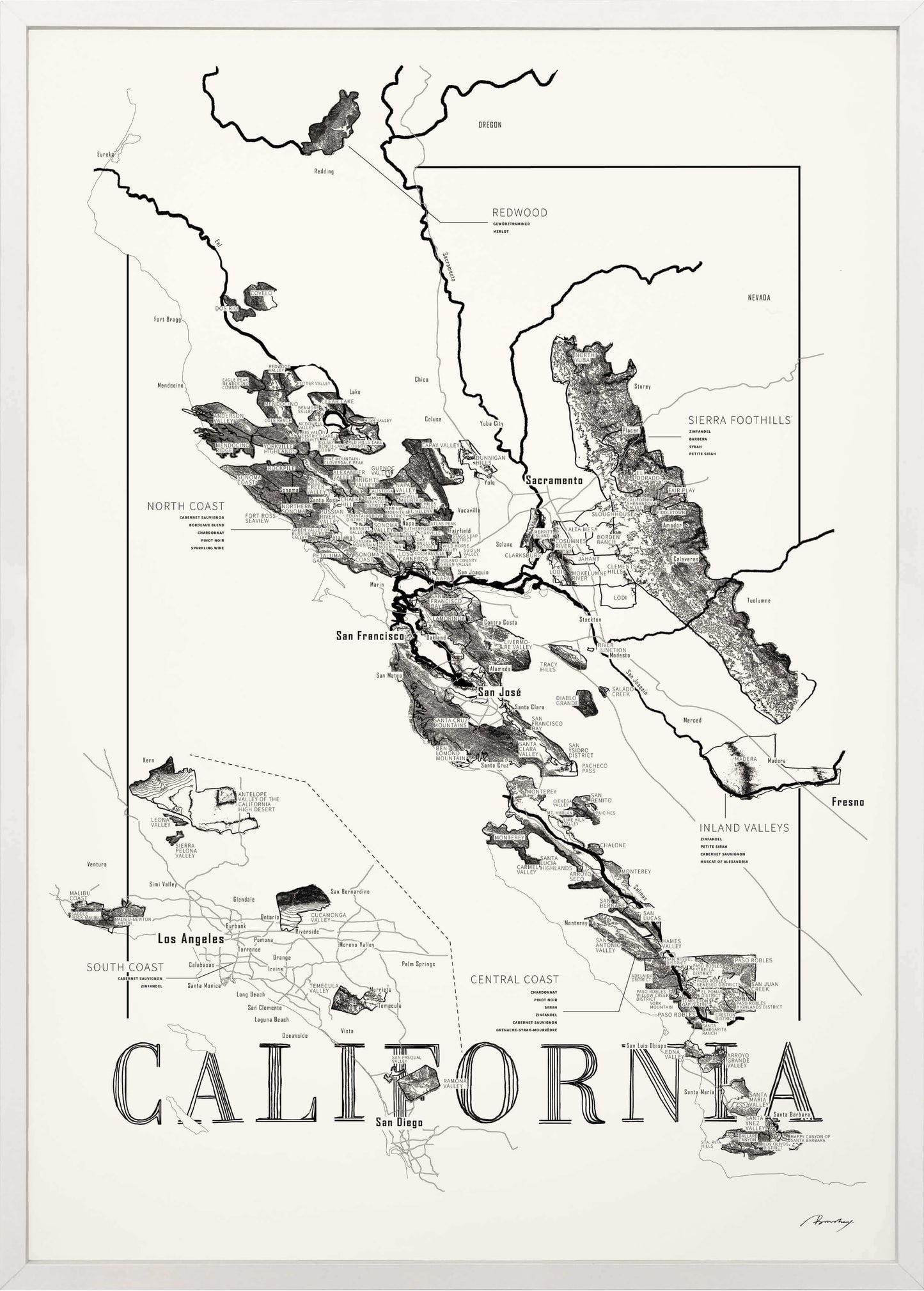 California Wine map poster. Exclusive wine map posters. Premium quality wine maps printed on environmentally friendly FSC marked paper. 